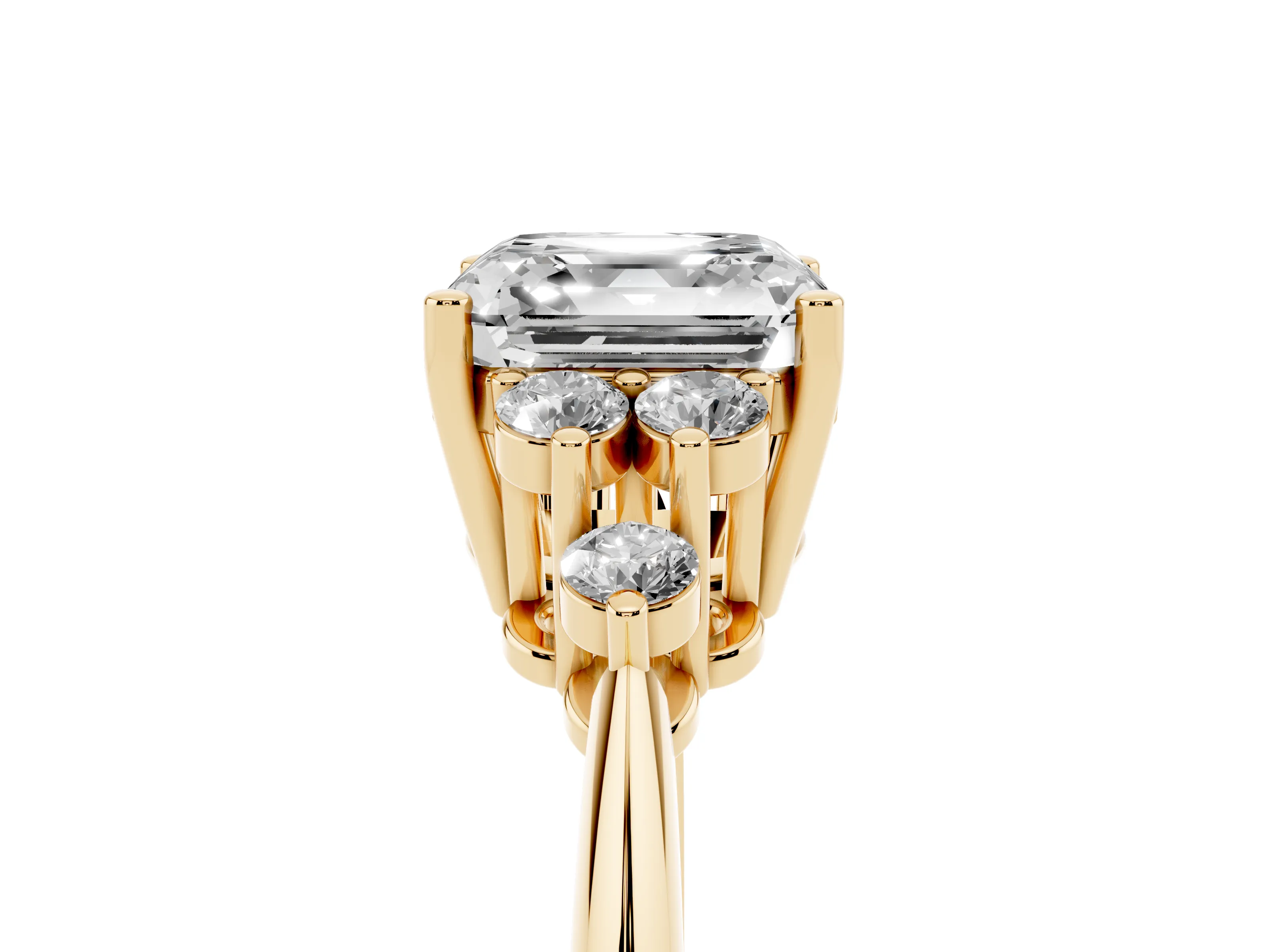 Asscher Cut Diamond Cluster Ring Set in Yellow gold with Plain Band and Prong Setting