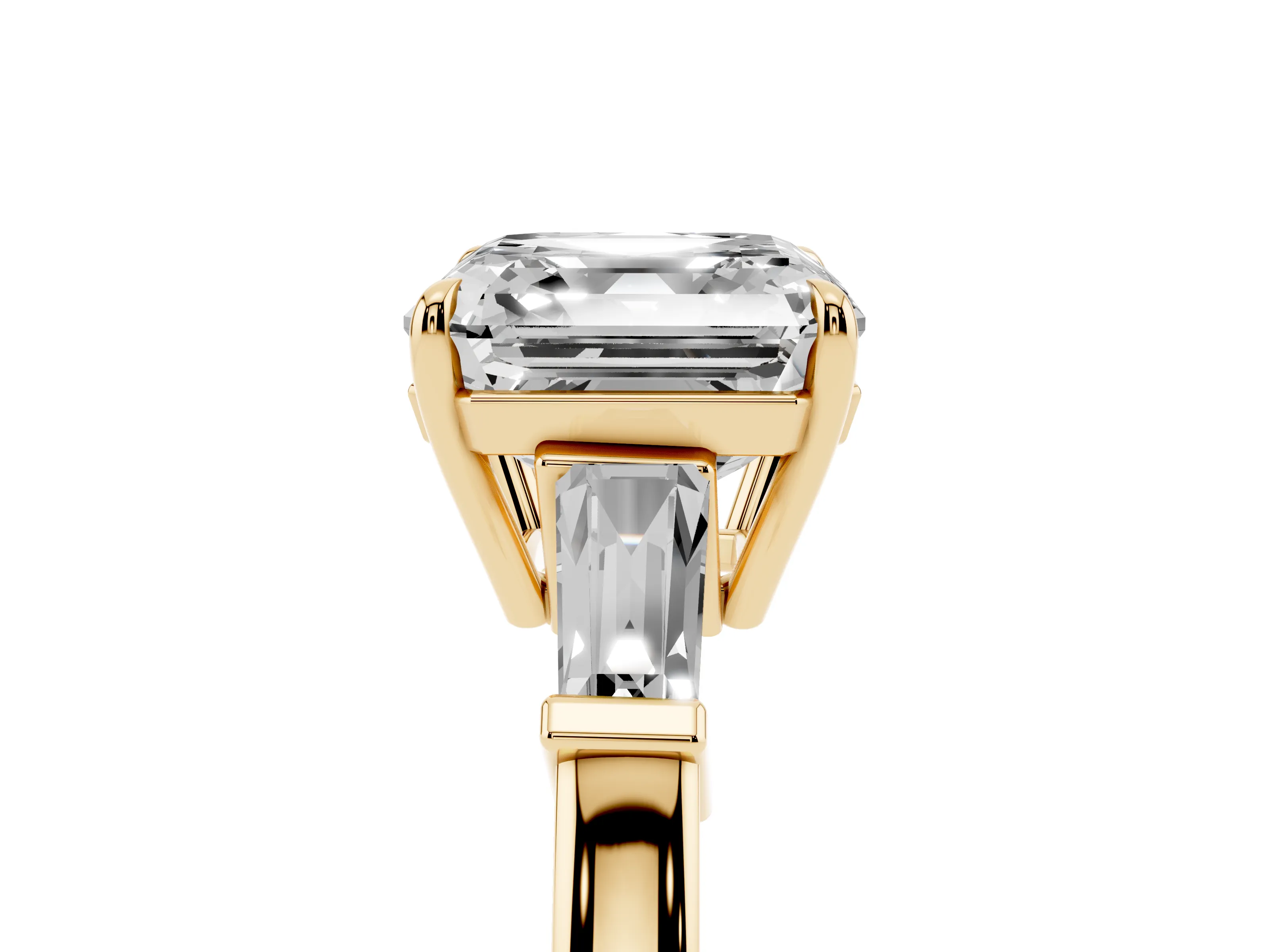 Asscher Cut Diamond Three-Stone Ring Set in Yellow gold with Tapered Baguette Side Stones and Prong Setting