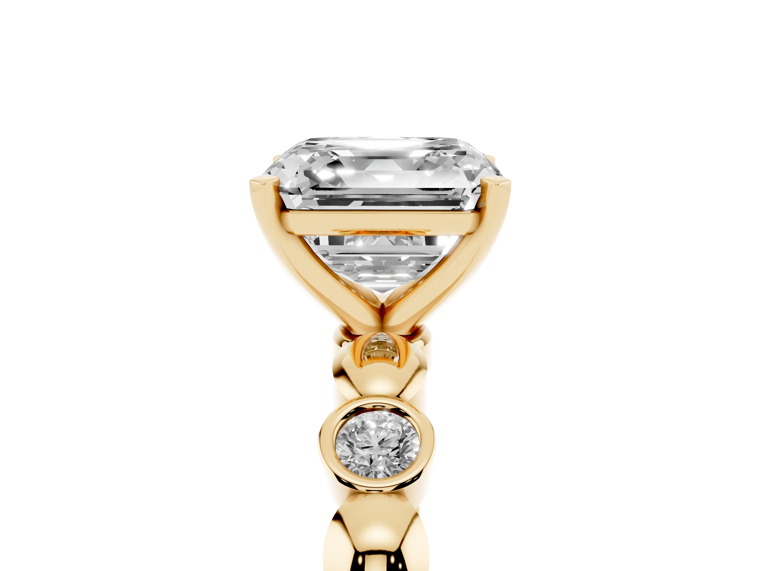 Asscher Cut Diamond Solitaire Ring Set in Yellow gold with Bezel-Set Accents on Beaded Band and Prong Setting