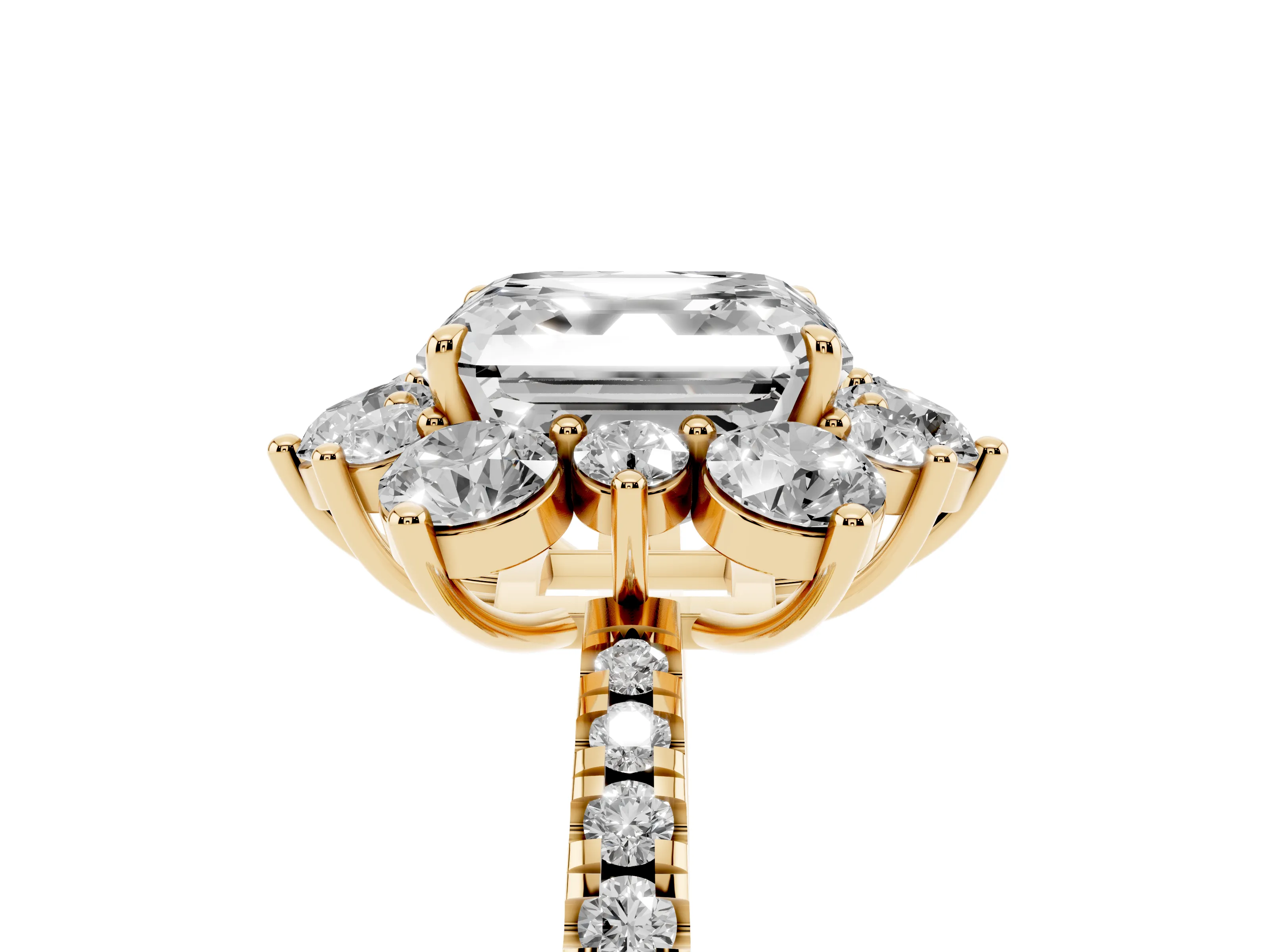 Asscher Cut Diamond Floral Halo Ring Set in Yellow gold with Round Pavé Band and Prong Setting