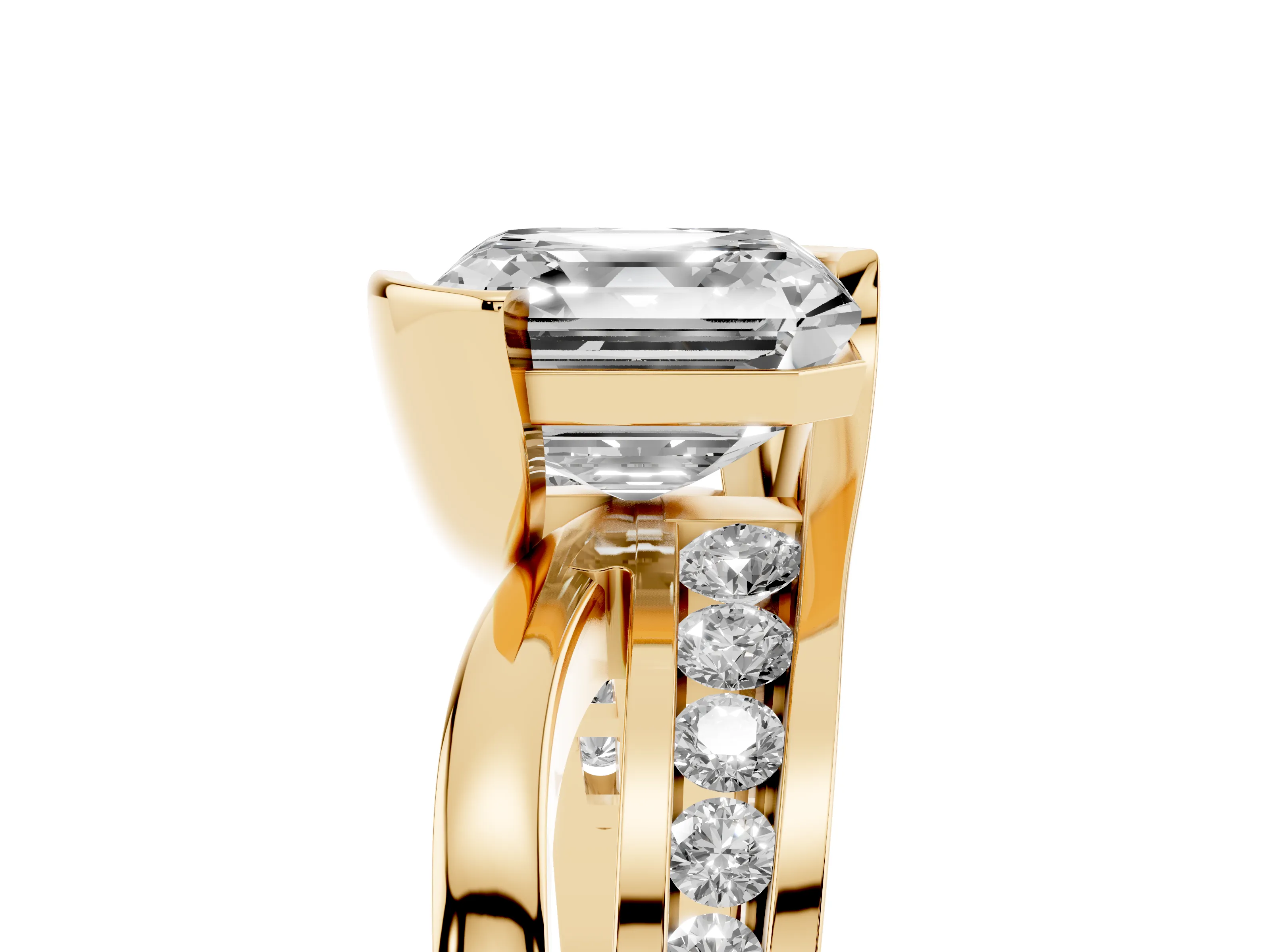 Asscher Cut Diamond Solitaire Ring Set in Yellow gold with Channel Set Split Shank and Tension Prongs