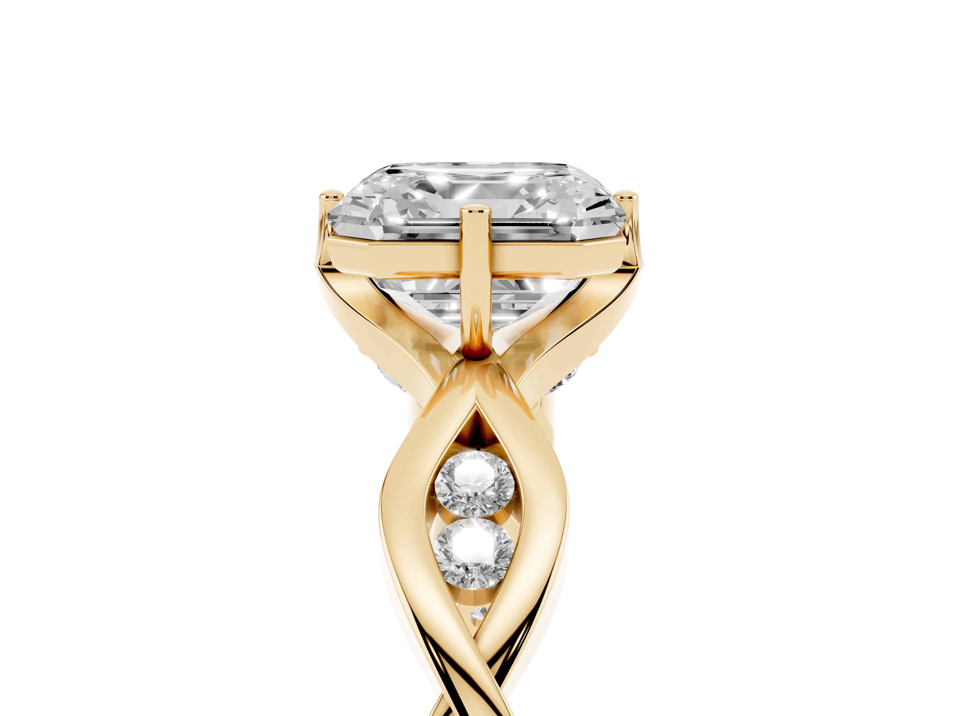 Asscher Cut Diamond Twist Band Solitaire Ring Set in Yellow gold with Leaf Prong Setting and Accent Stones
