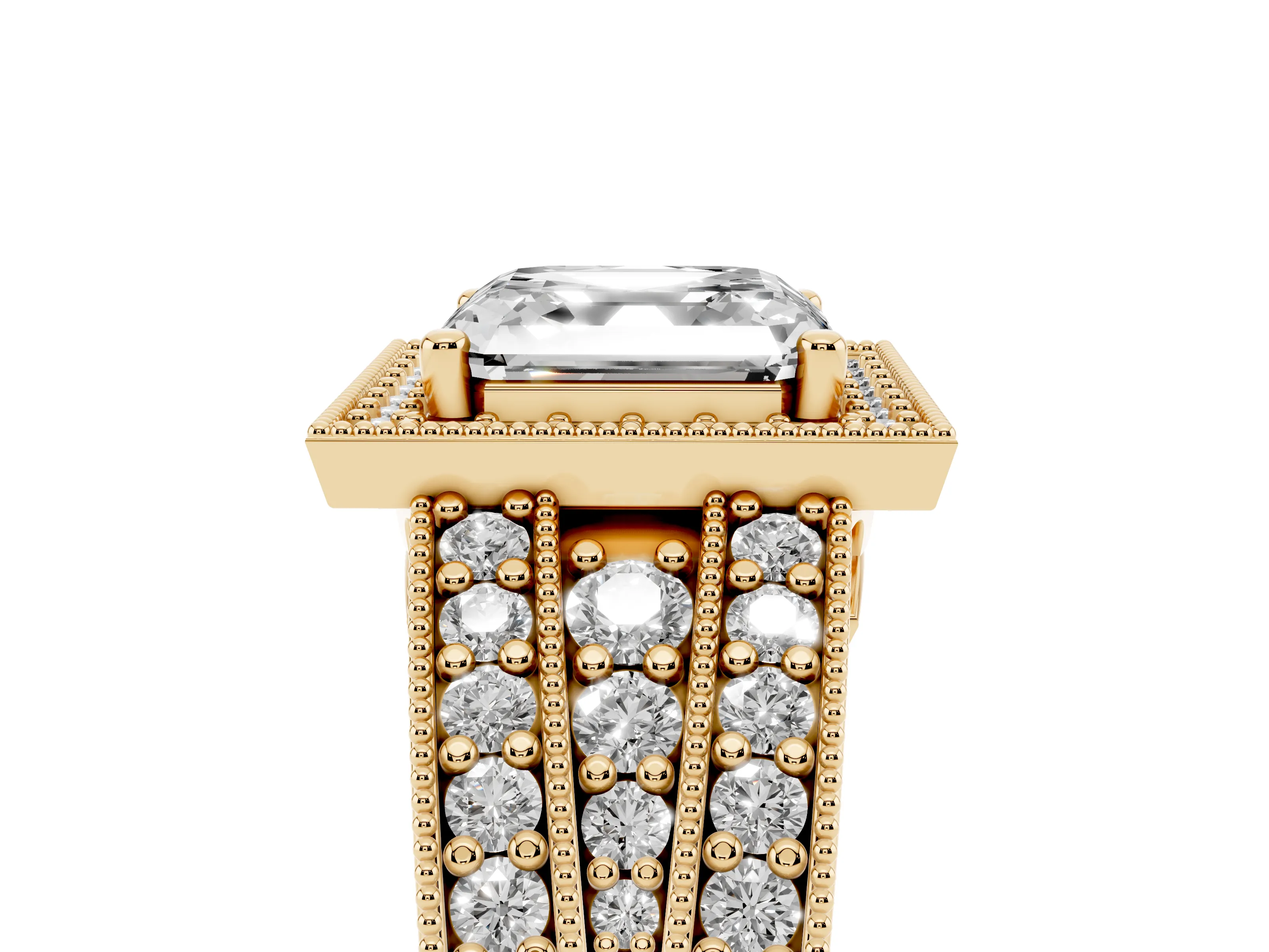 Asscher Cut Diamond Halo Ring Set in Yellow gold with Accent Split Shank and Prong Setting