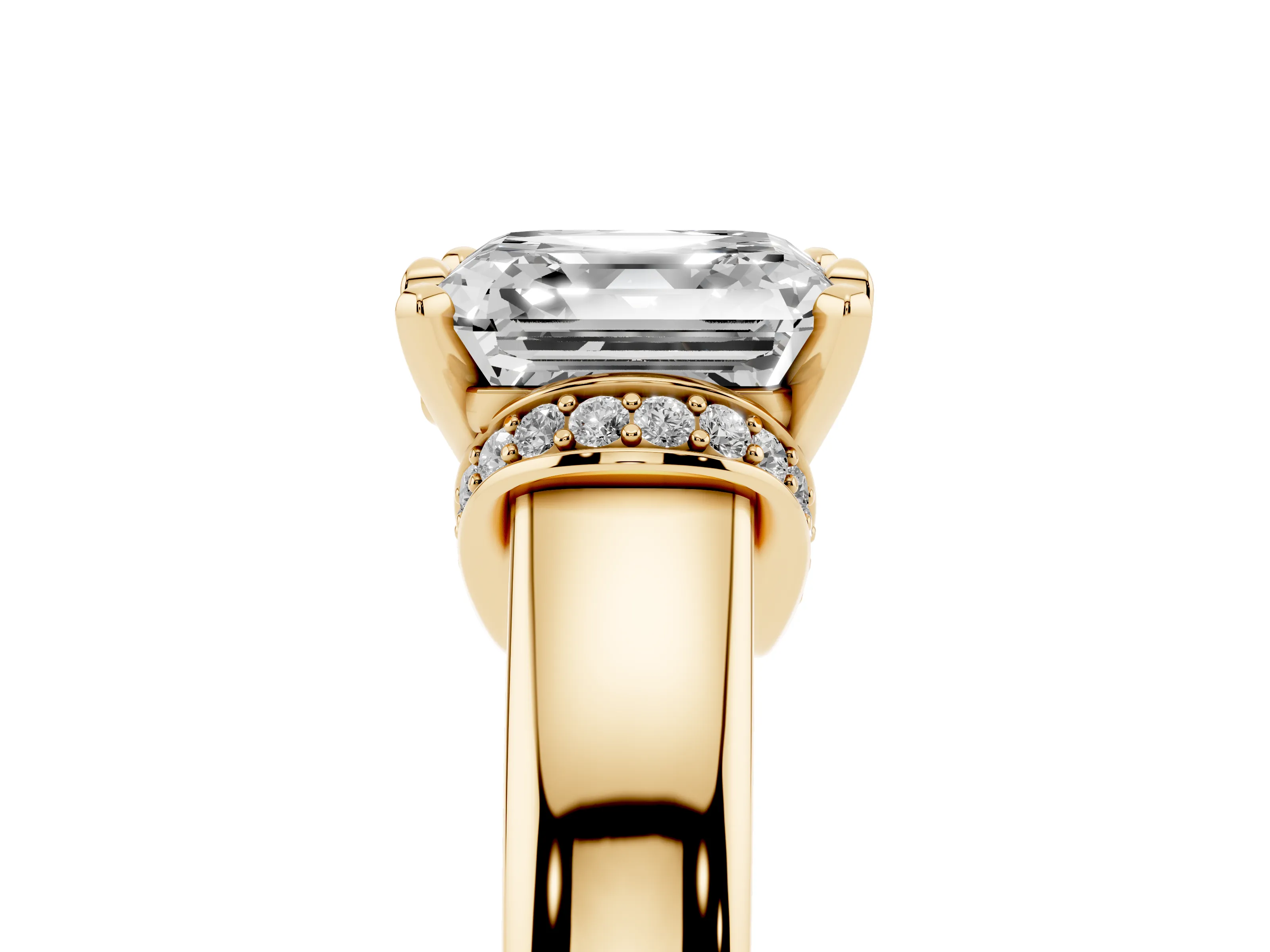 Asscher Cut Diamond Pavé Band Solitaire Ring Set in Yellow gold with Prong Setting