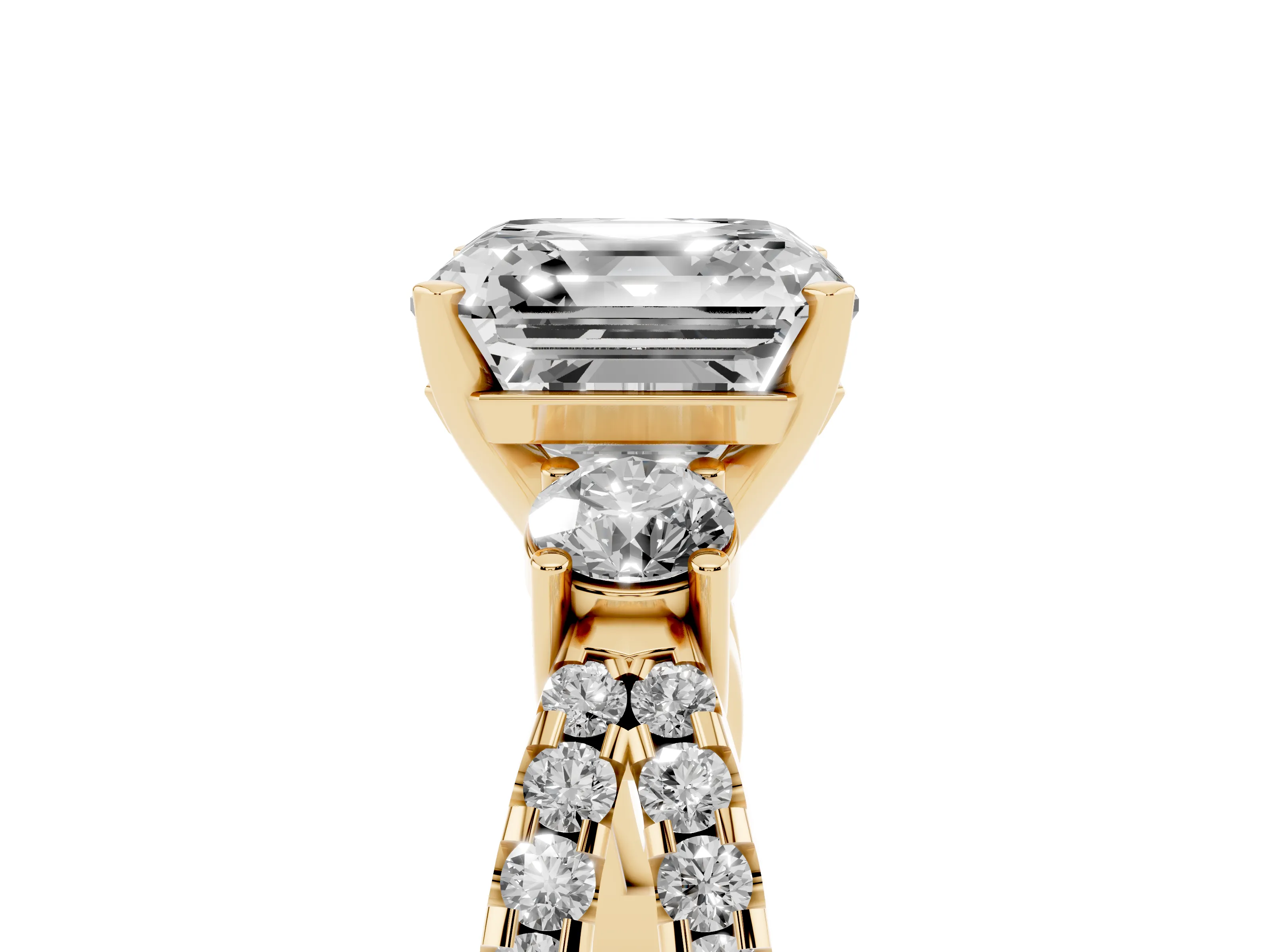 Asscher Cut Diamond Three-Stone Ring Set in Yellow gold with Pavé Split Shank and Prong Setting