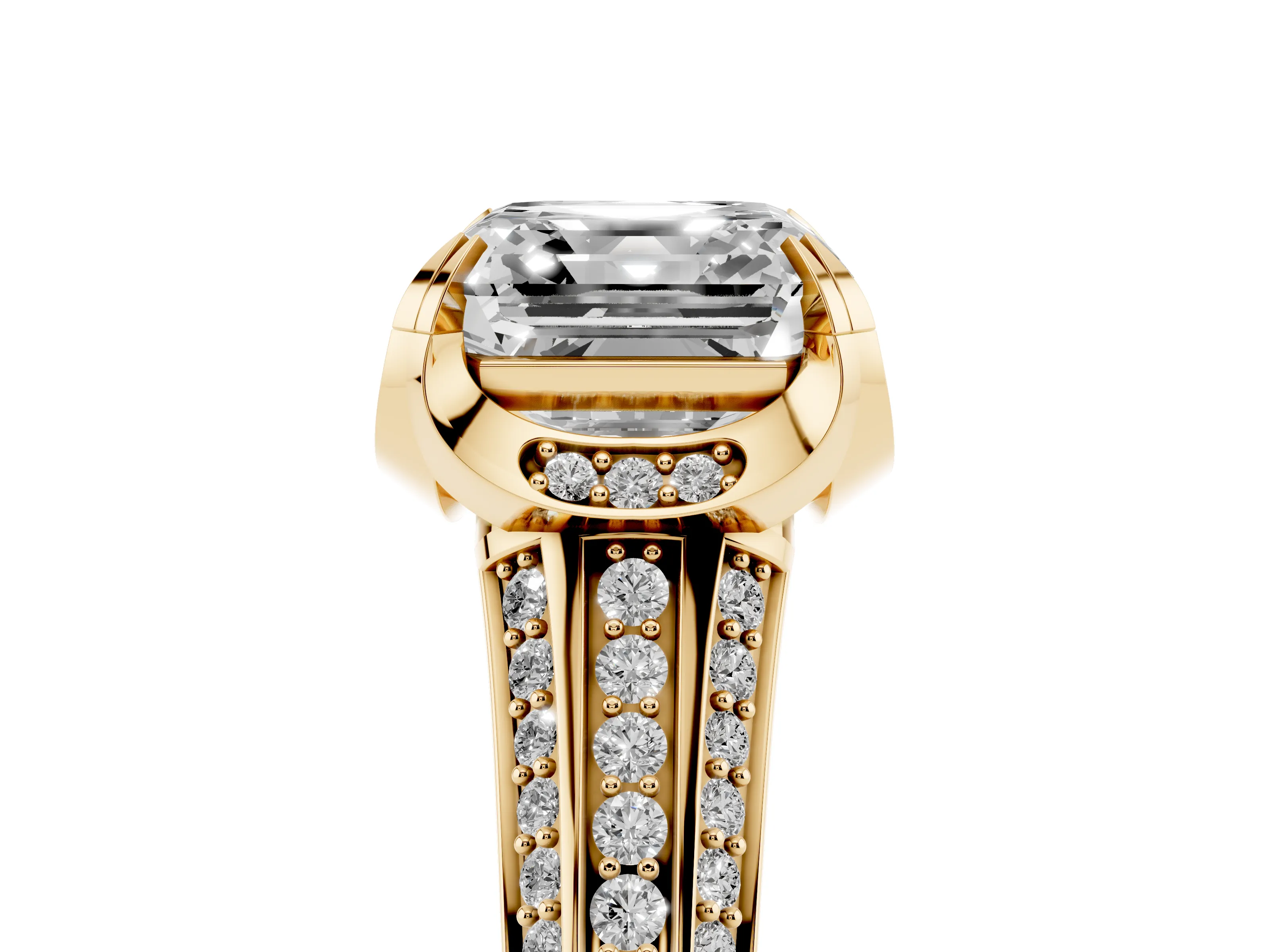 Asscher Cut Diamond Pavé Split Shank Solitaire Ring Set in Yellow gold with Prong Setting