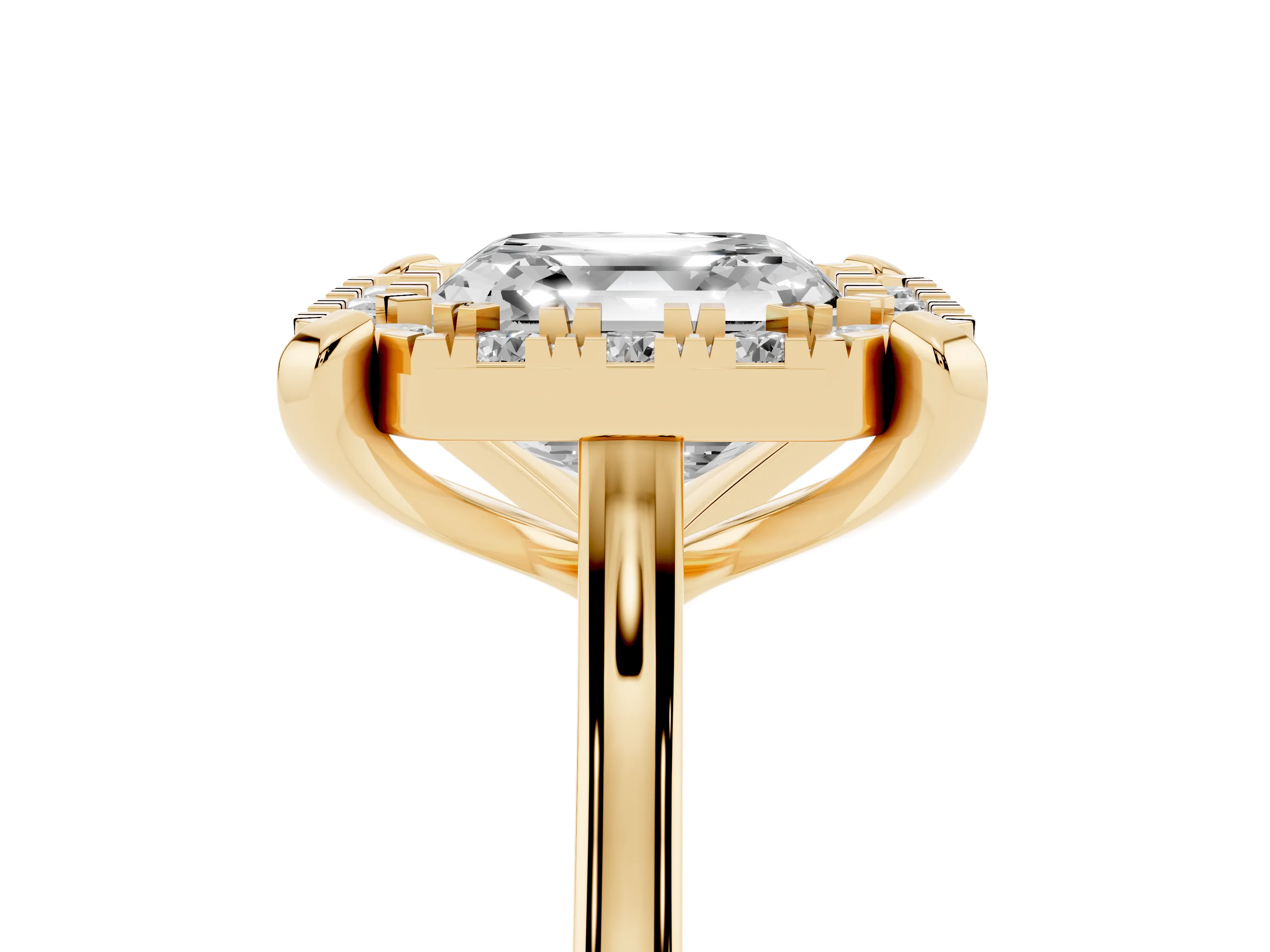 Asscher Cut Diamond Cluster Halo Solitaire Ring Set in Yellow gold with Prong Setting