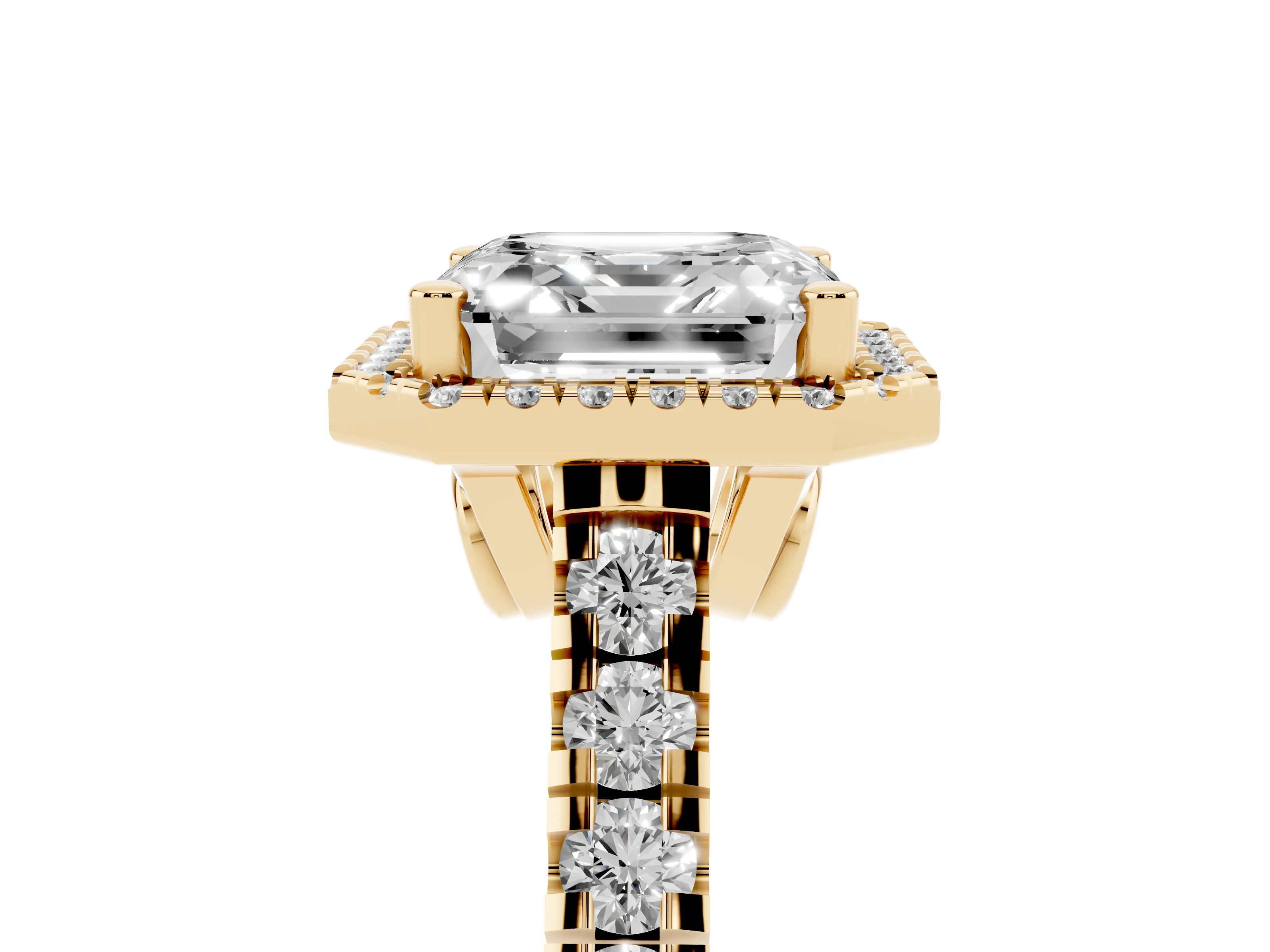 Asscher Cut Diamond Halo Engagement Ring Set in Yellow gold with Pavé Band and Prong-Set Center