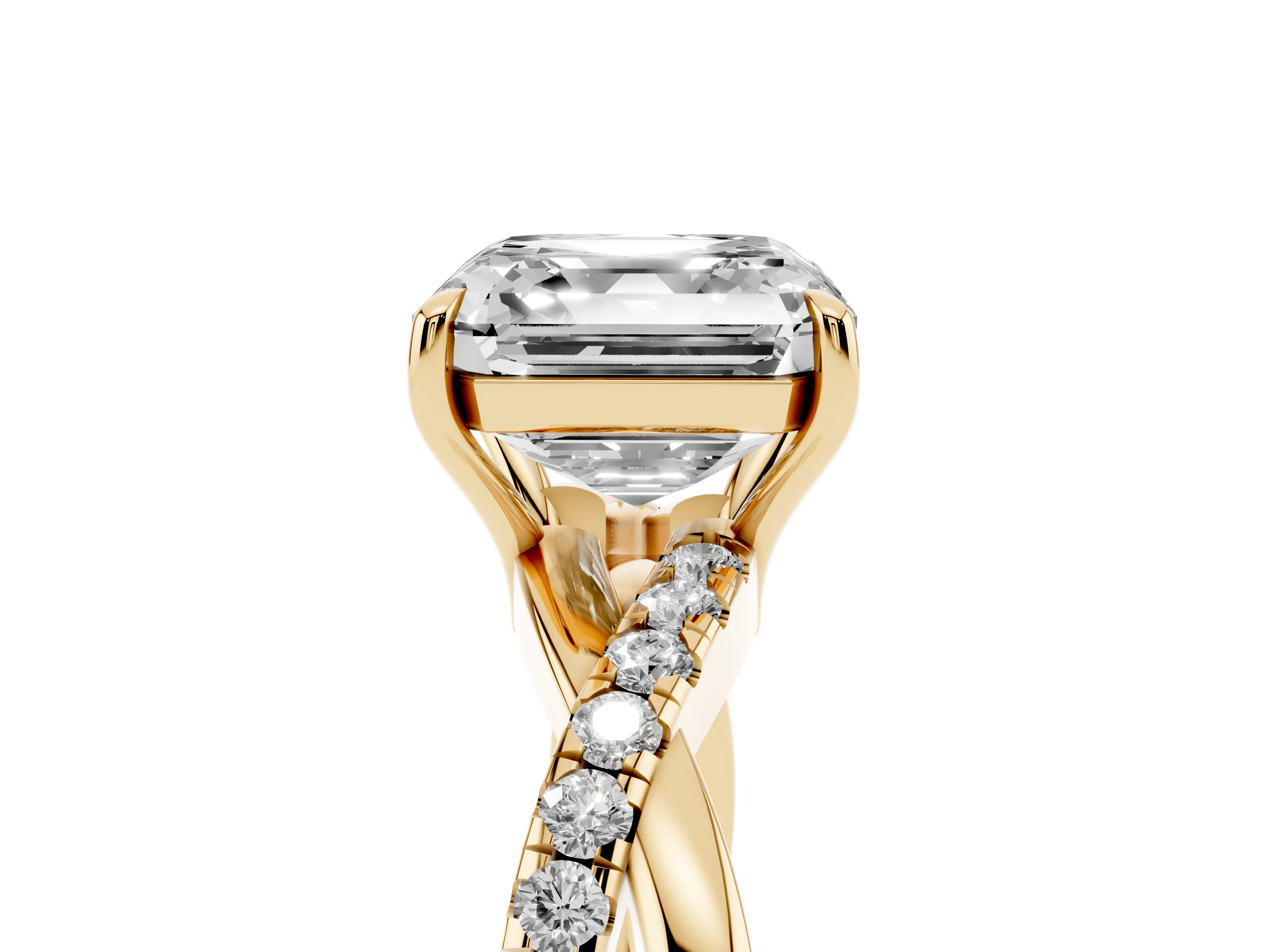 Asscher Cut Diamond Twisted Pavé Band Ring Set in Yellow gold with Prong Setting