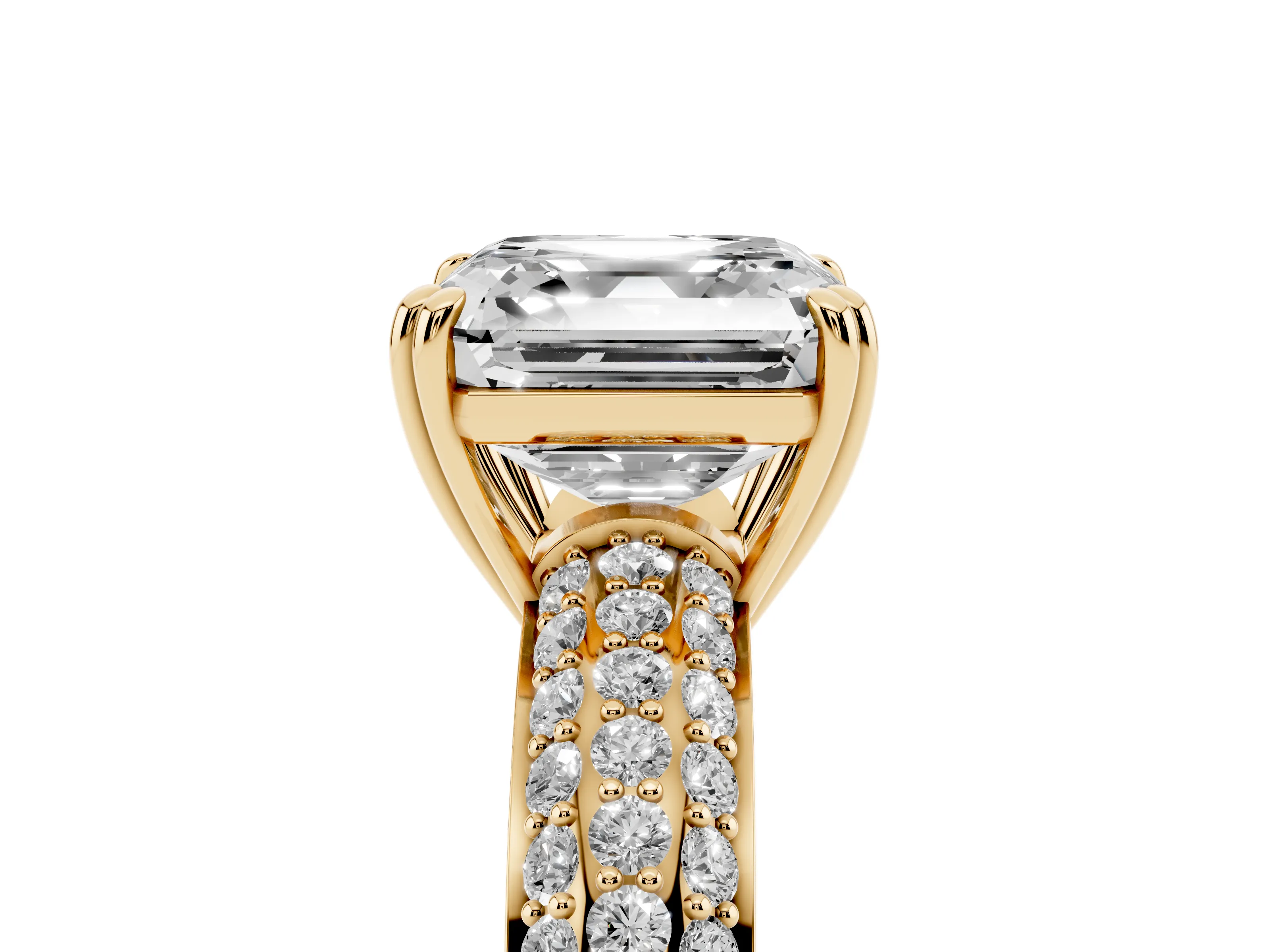 Asscher Cut Diamond Solitaire Ring Set in Yellow gold with Multi-Row Round Pavé Band and Prong Setting