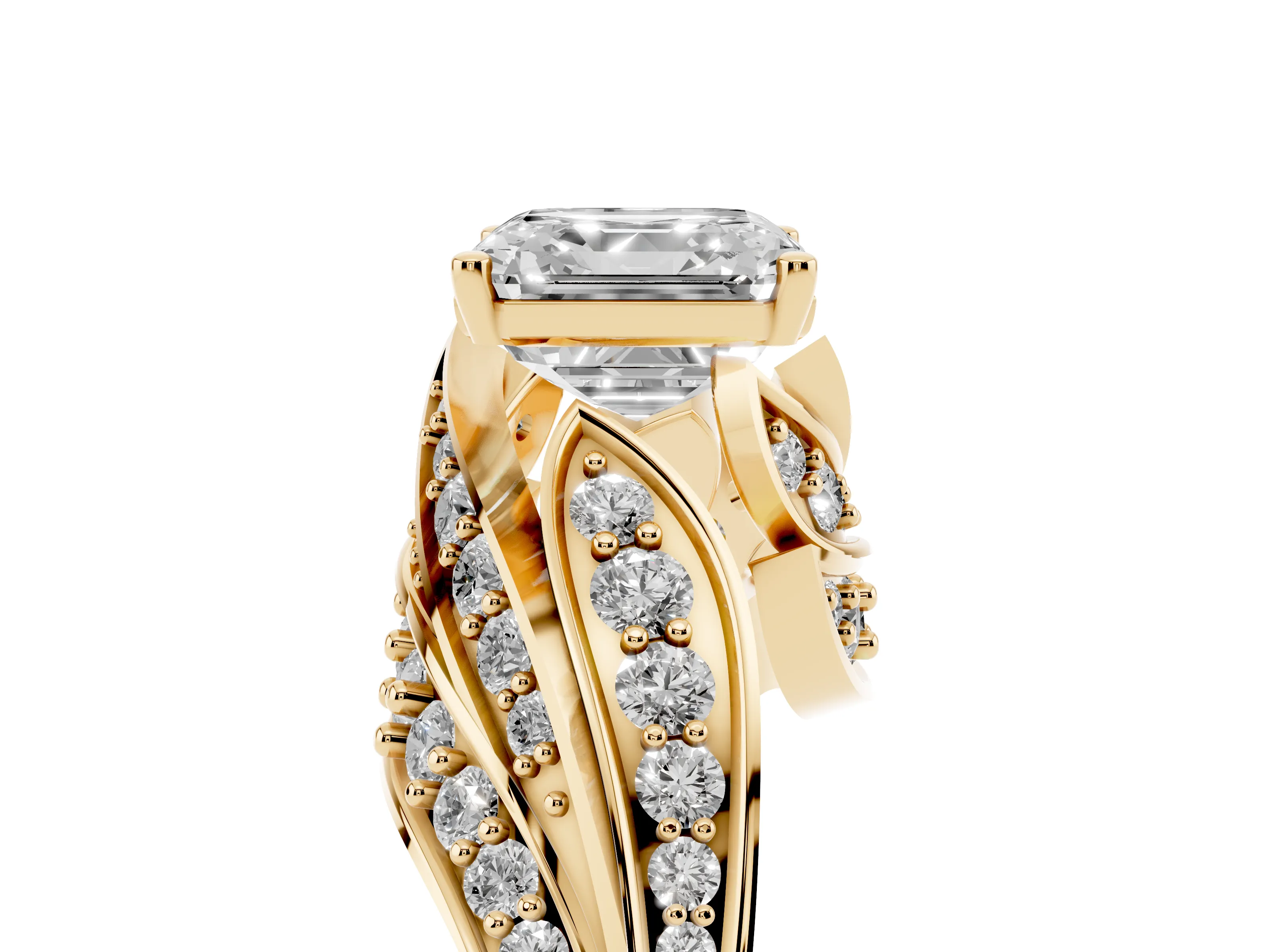 Asscher Cut Diamond Solitaire Ring Set in Yellow gold with Layered Twist Pavé Band