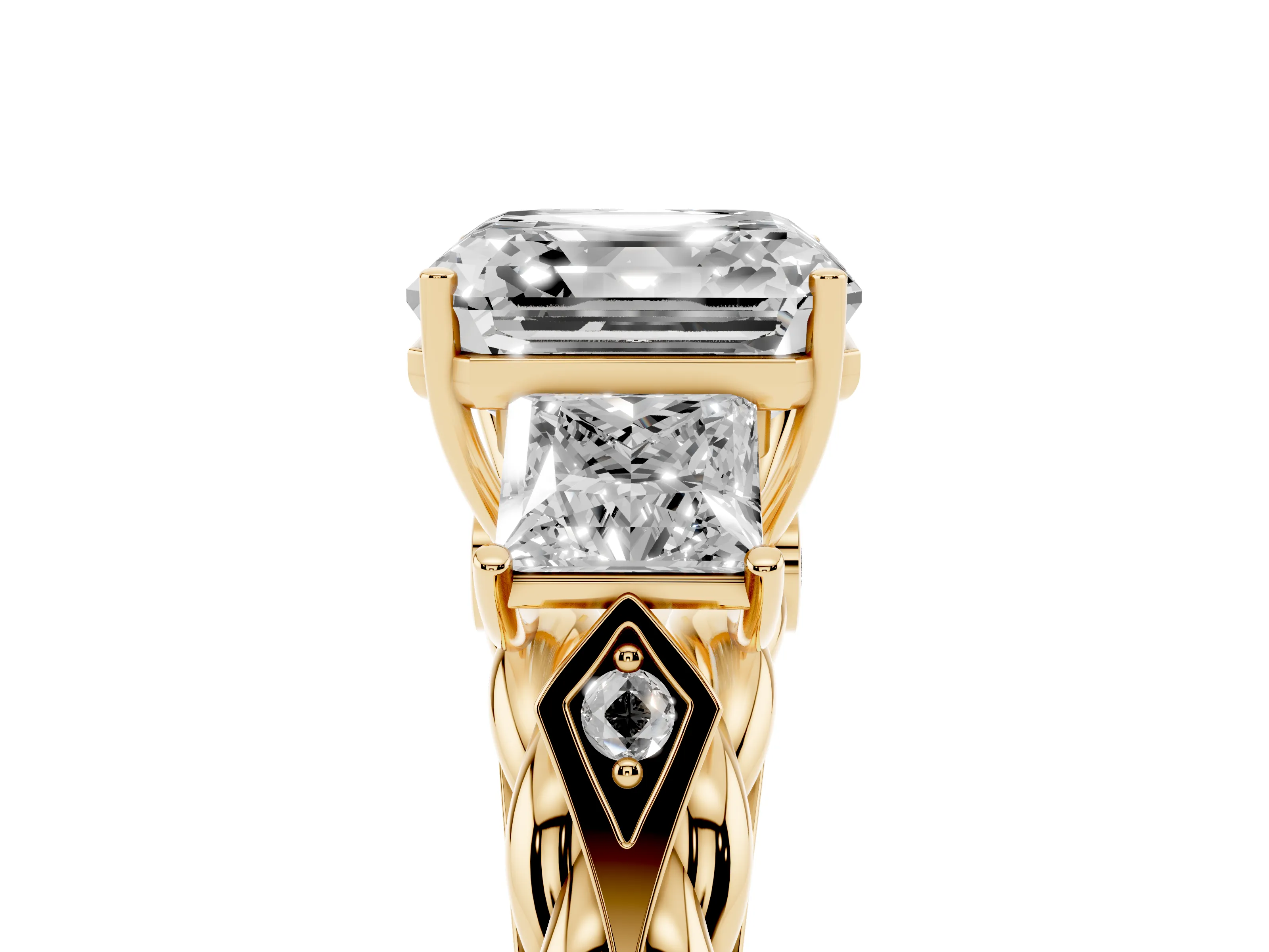 Asscher Cut Diamond Three-Stone Ring Set in Yellow gold with Braided Band