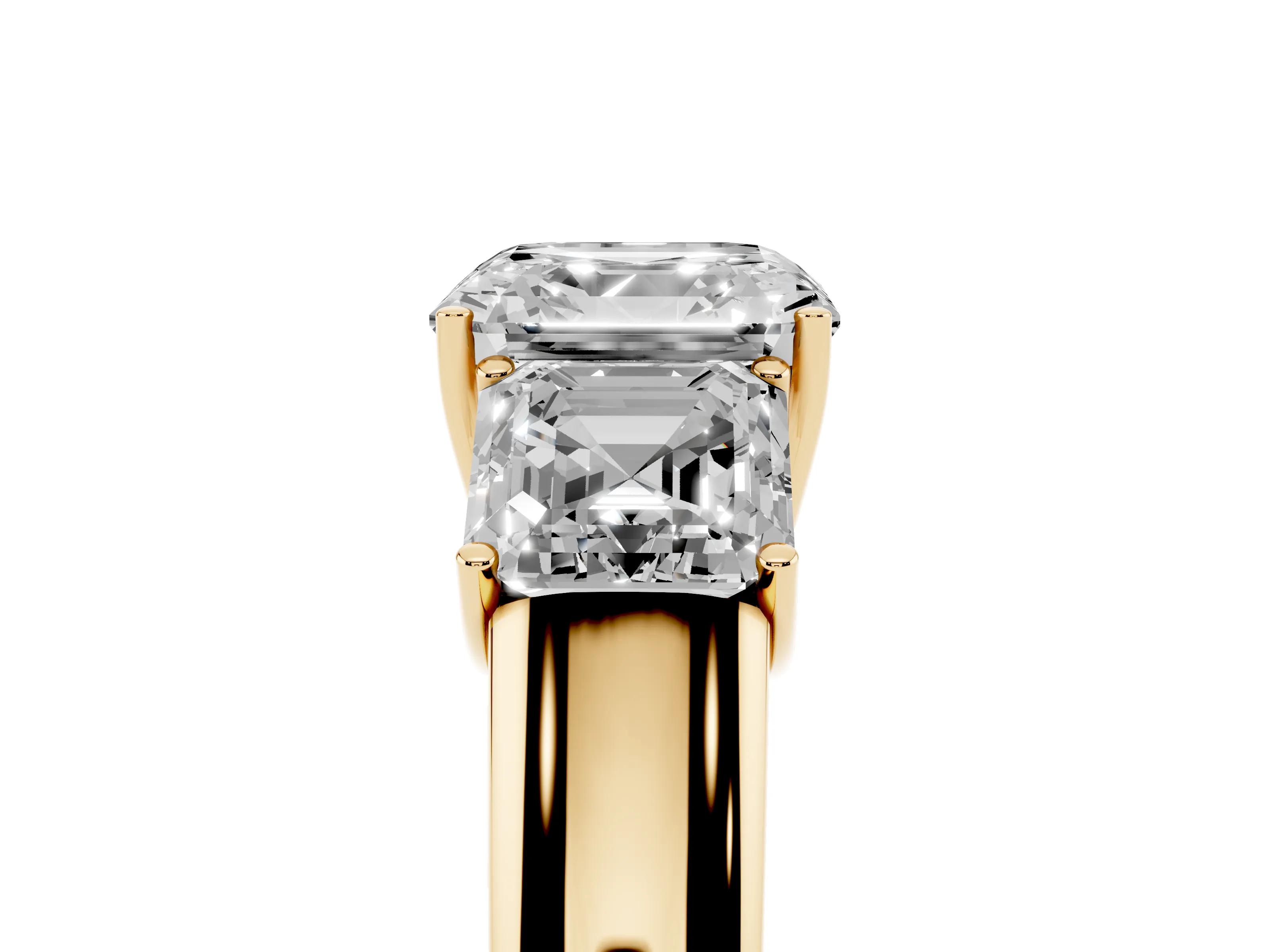 Three-Stone Asscher Cut Diamond Ring Set in Yellow gold with Matching Prong Settings and Plain Band