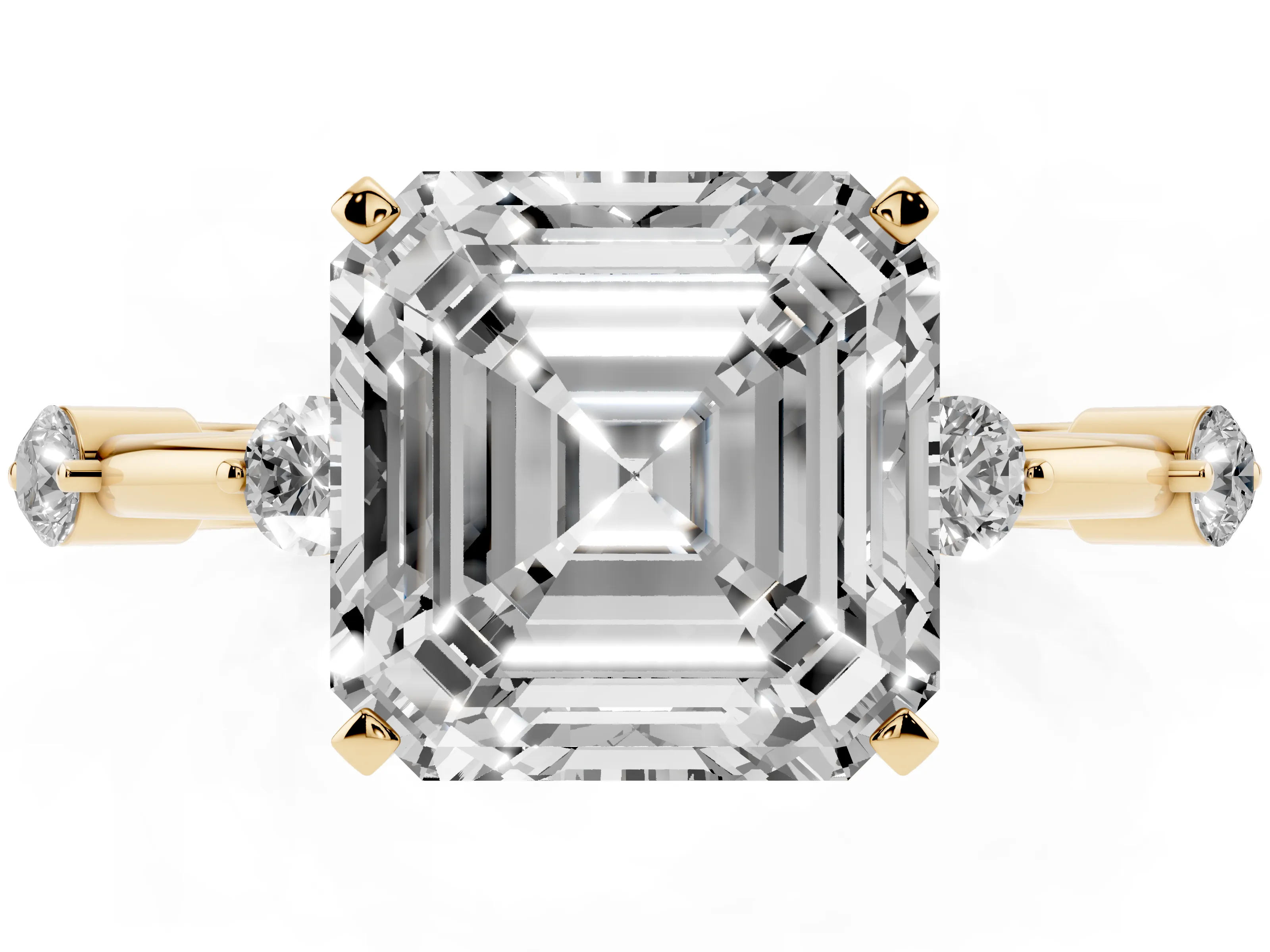Asscher Cut Diamond Solitaire Ring Set in Yellow gold with Bezel Set Side Stones and Prong Setting