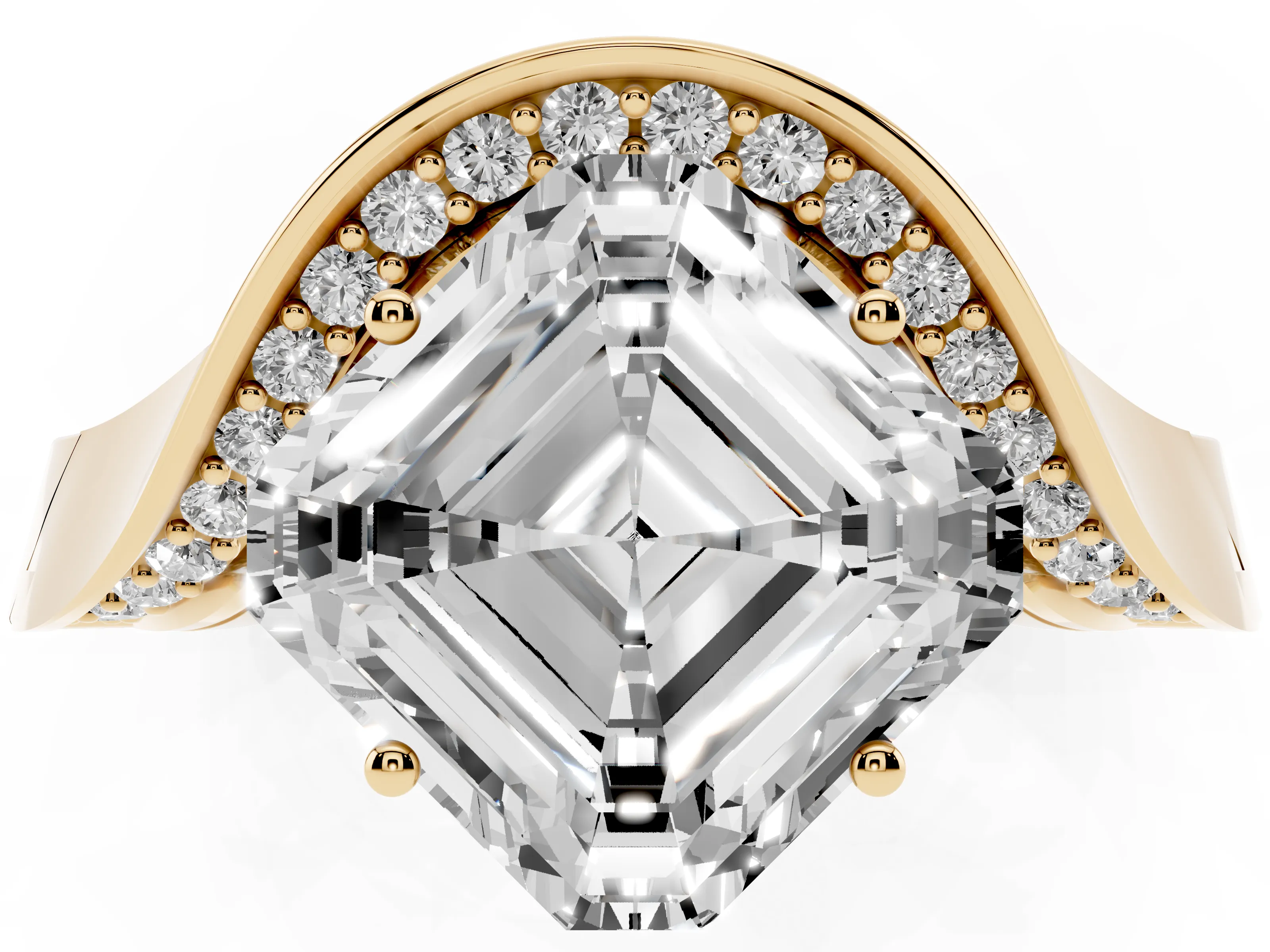 Asscher Cut Diamond Solitaire Engagement Ring Set in Yellow gold with Pavé Shoulders