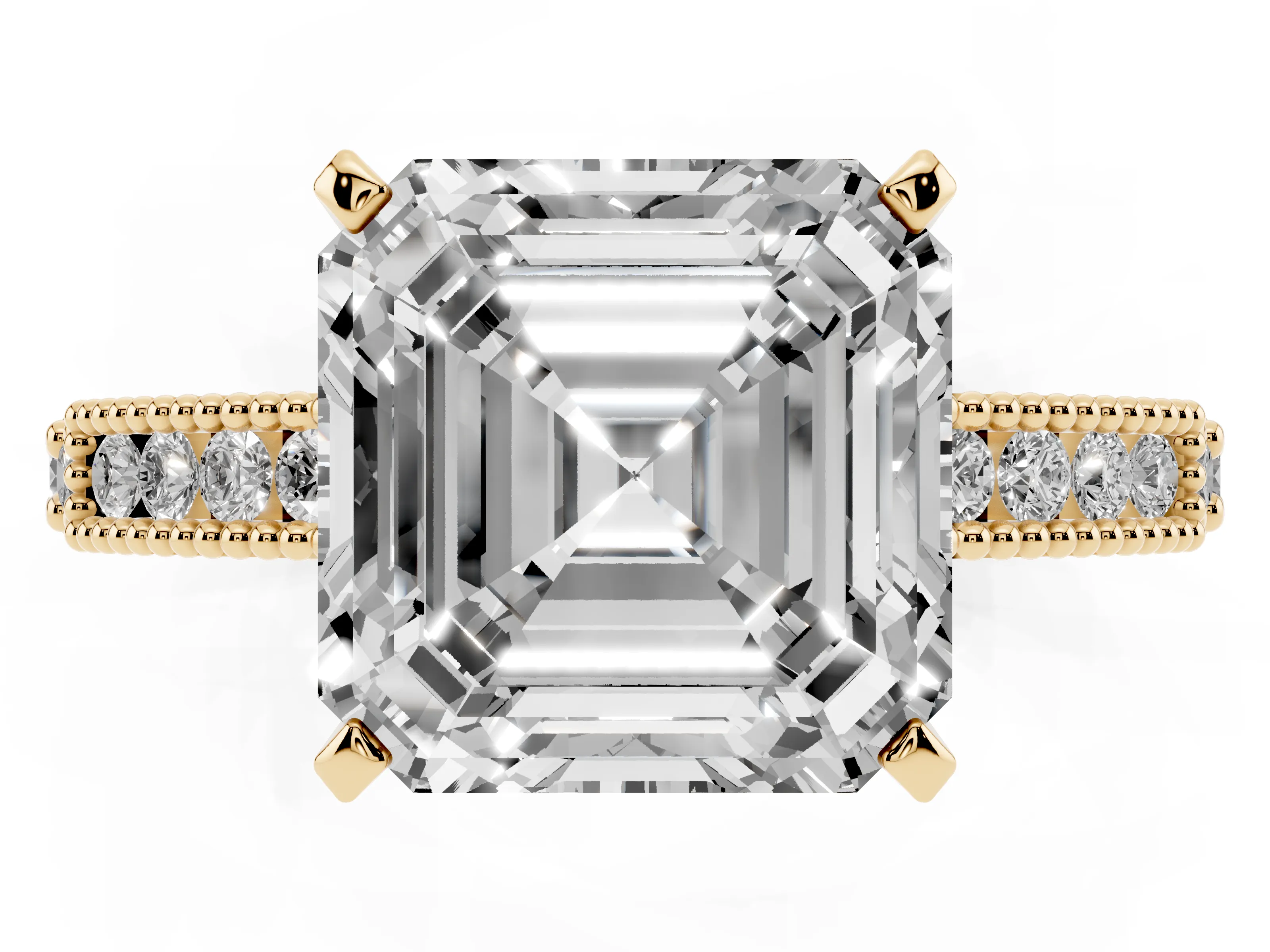 Asscher Cut Diamond Solitaire Ring Set in Yellow gold with Slim Pavé Band and Prong Setting