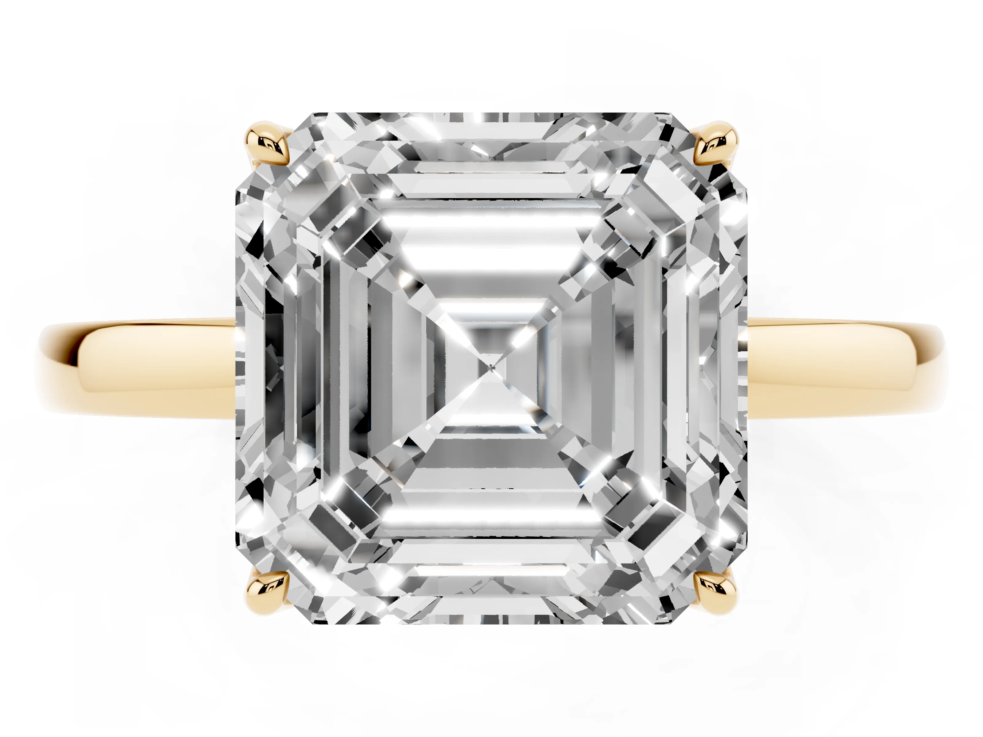 Asscher Cut Diamond Solitaire Ring Set in Yellow gold with Prong Setting and Thin Polished Band
