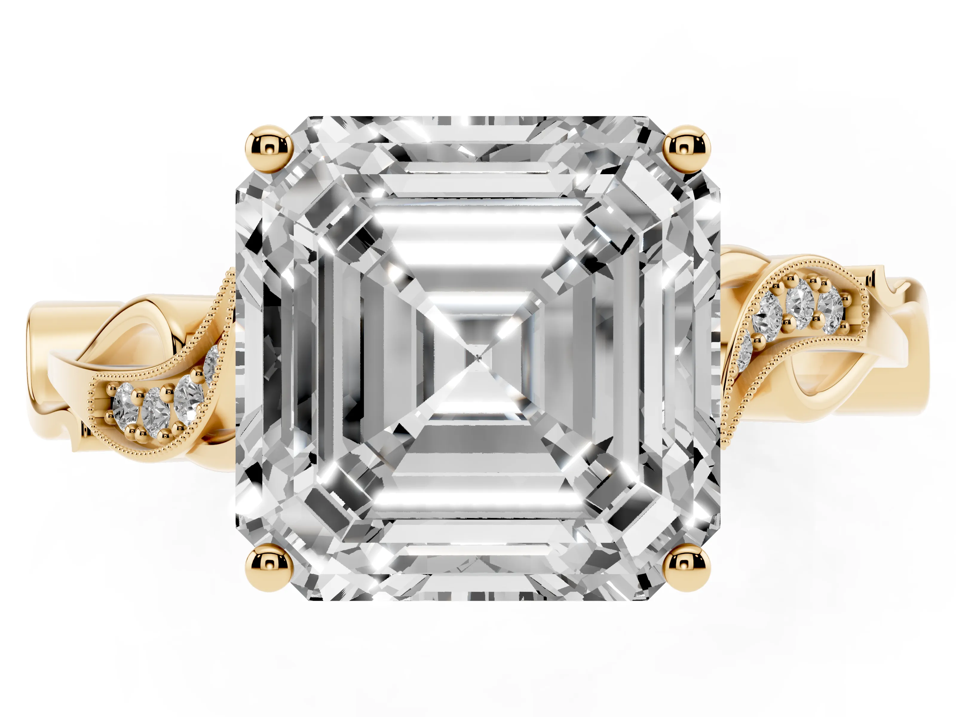 Asscher Cut Diamond Vine Band Solitaire Ring Set in Yellow gold with Milgrain Prong Setting