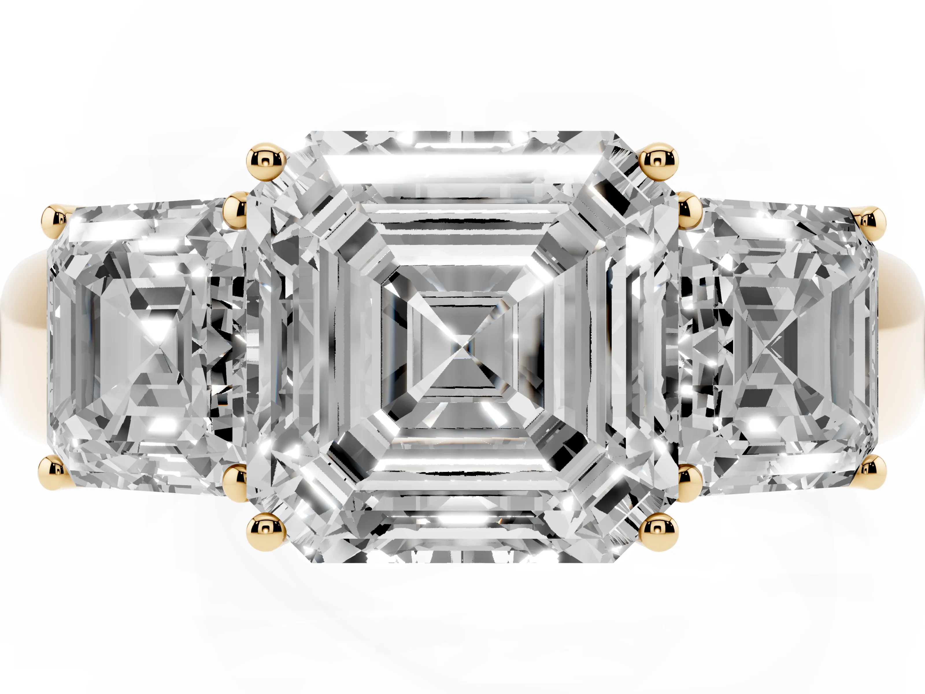 Three-Stone Asscher Cut Diamond Ring Set in Yellow gold with Matching Prong Settings and Plain Band