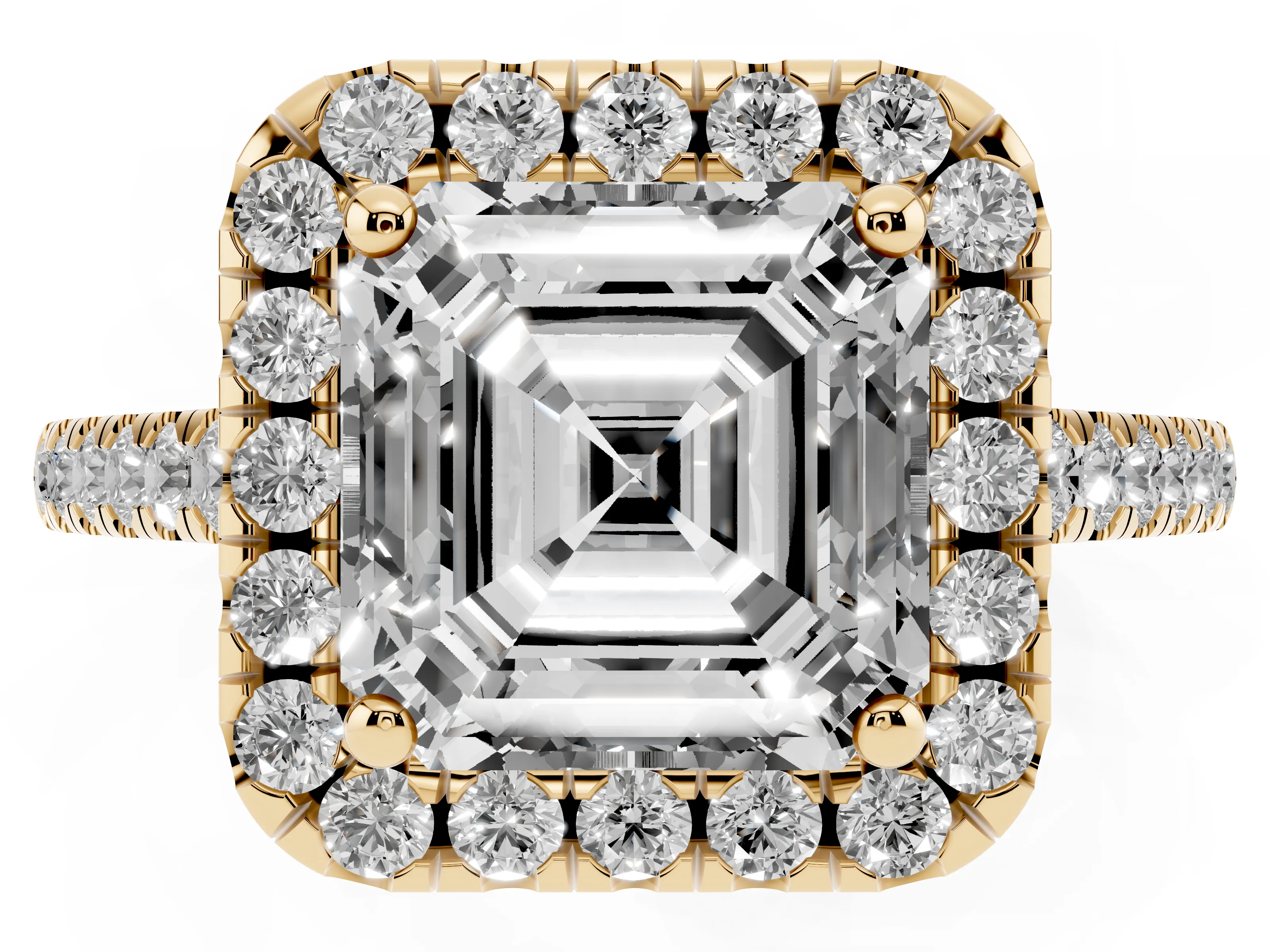 Asscher Cut Diamond Pavé Halo Engagement Ring Set in Yellow gold with Pavé Band and Prong Setting