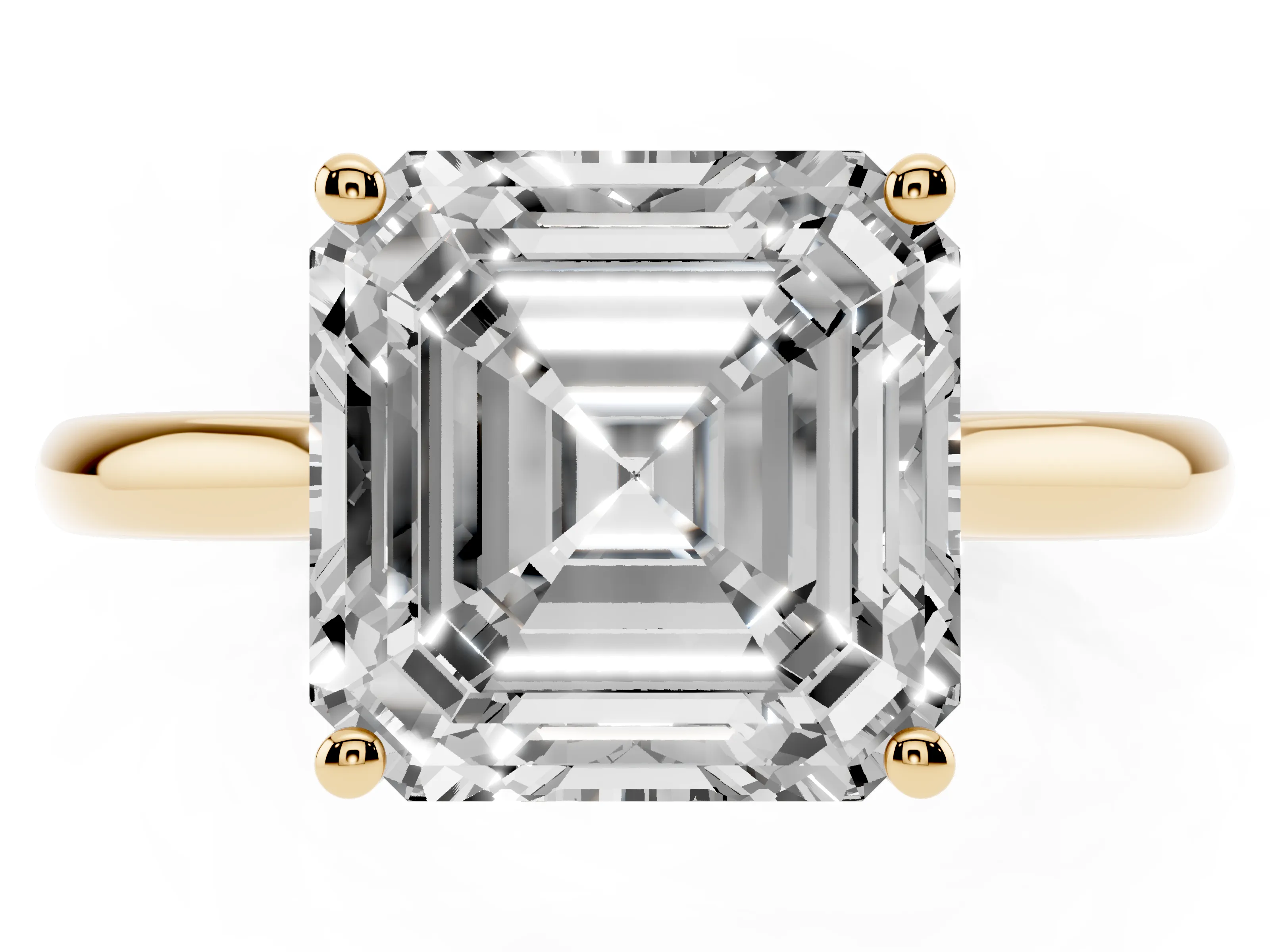 Asscher Cut Diamond Solitaire Ring Set in Yellow gold with Cathedral Band and Prong Setting