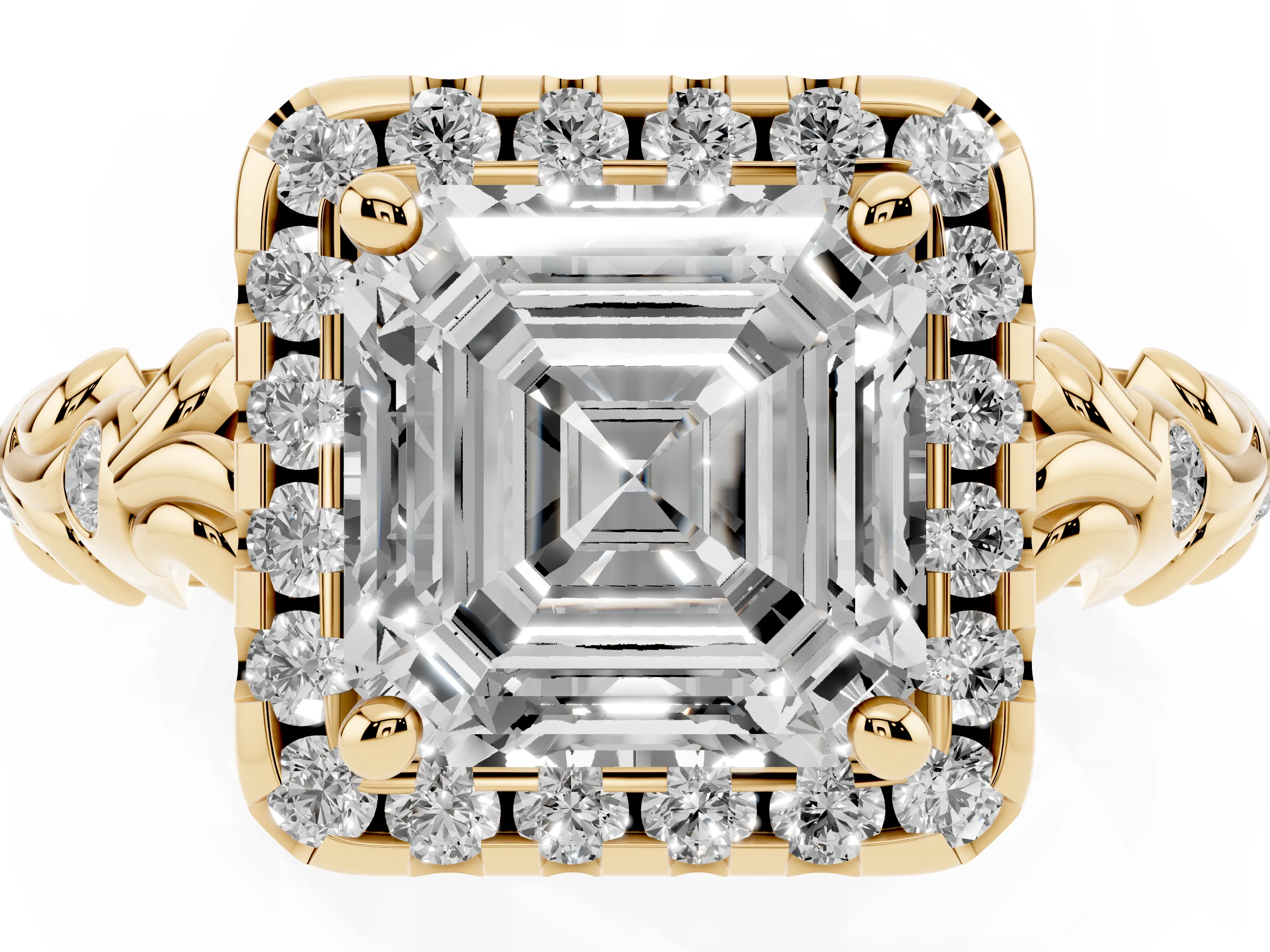 Asscher Cut Diamond Halo Ring Set in Yellow gold with Filigree Leaf Band and Prong Setting