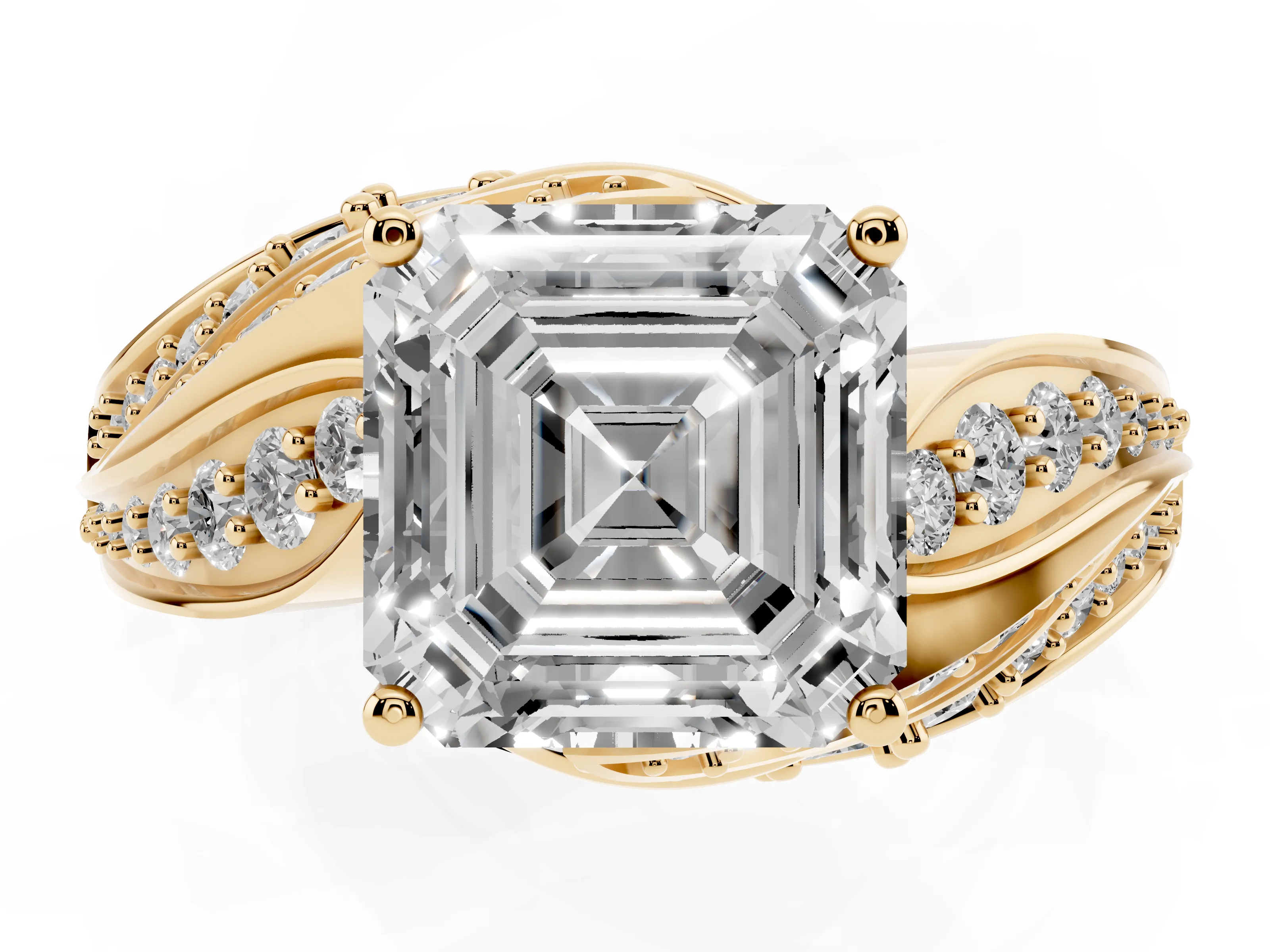 Asscher Cut Diamond Solitaire Ring Set in Yellow gold with Layered Twist Pavé Band