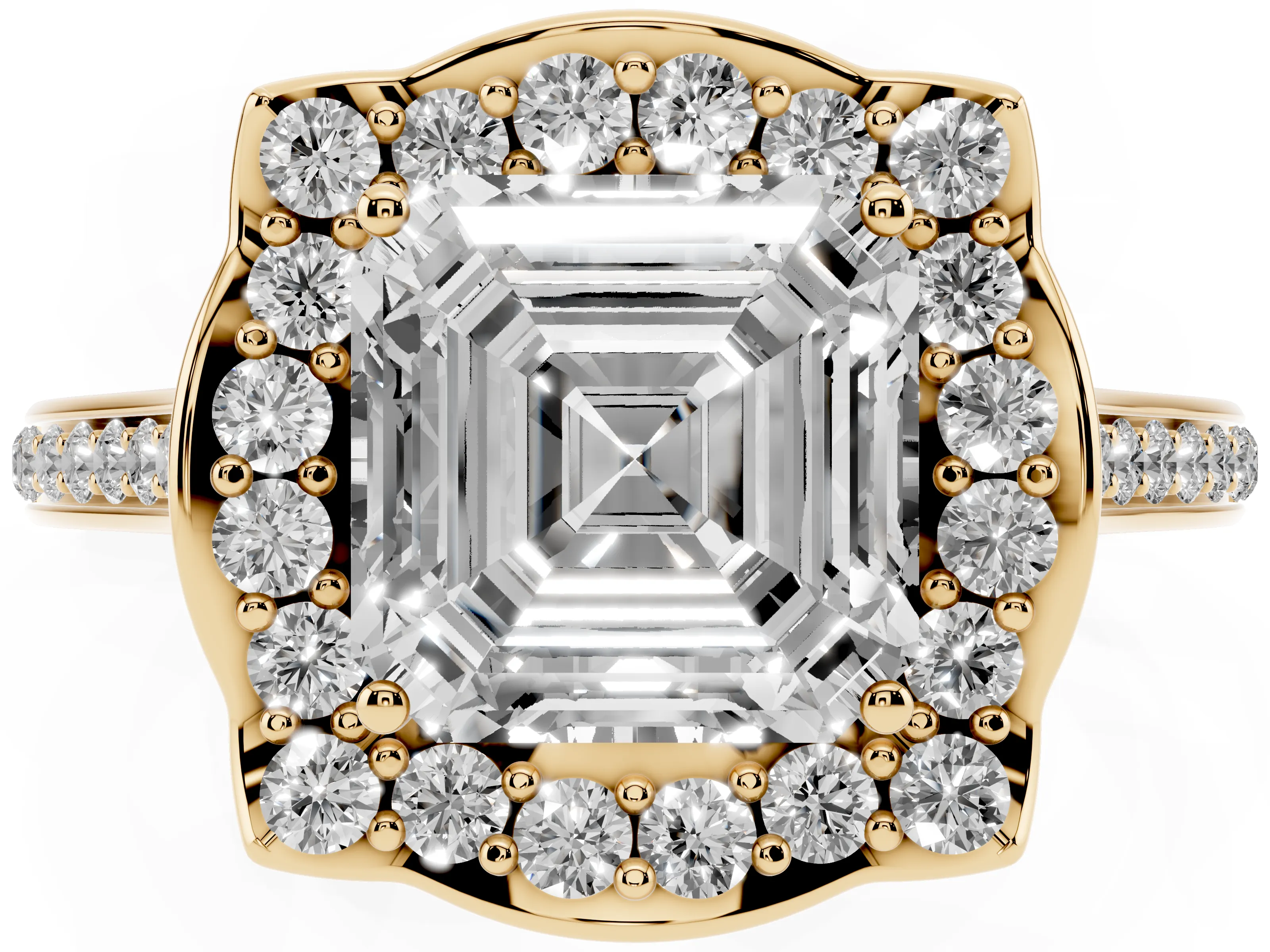 Asscher Cut Diamond Halo Ring Set in Yellow gold with Pavé-Lined Shoulders and Prong Setting