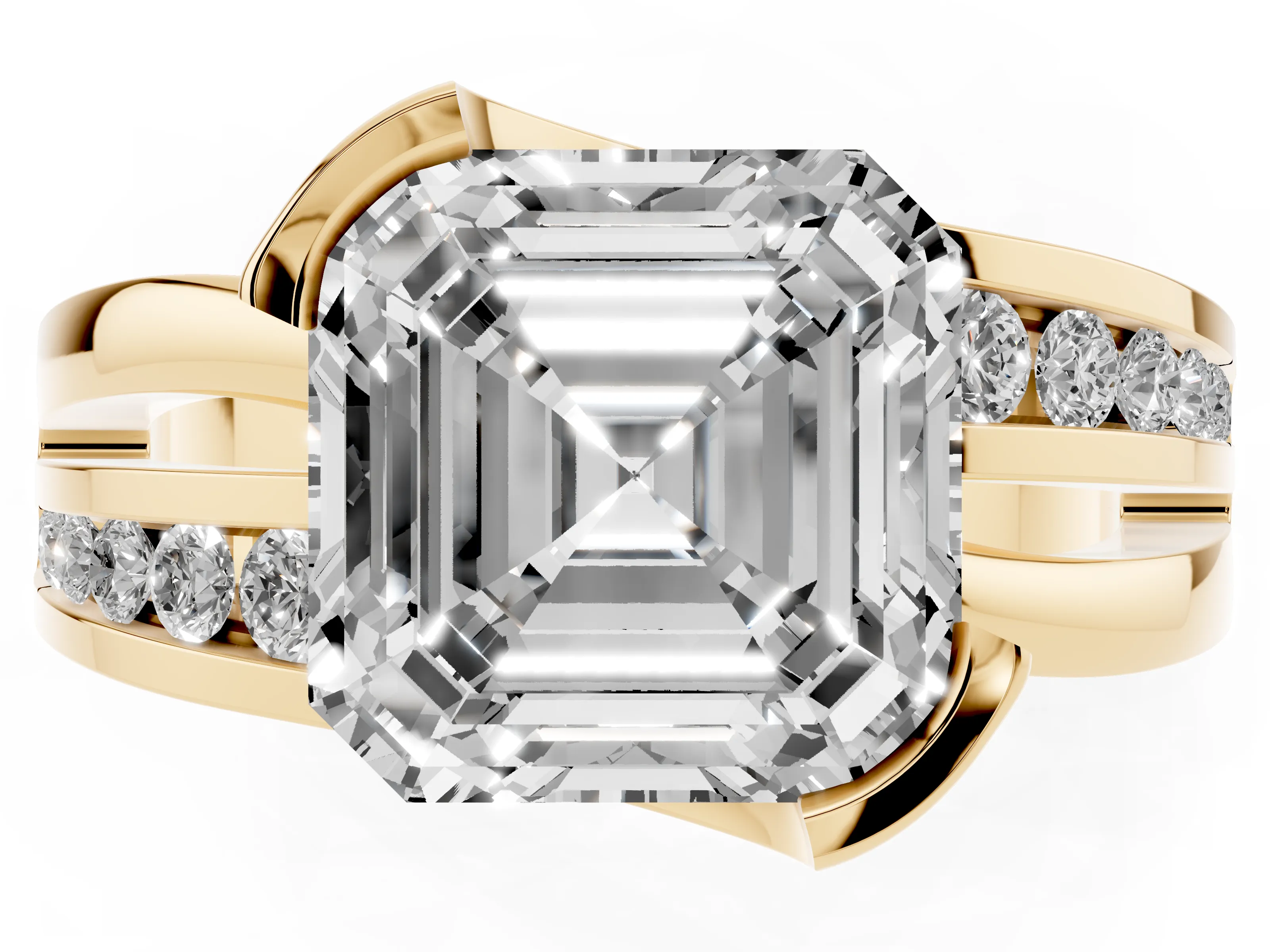 Asscher Cut Diamond Solitaire Ring Set in Yellow gold with Channel Set Split Shank and Tension Prongs