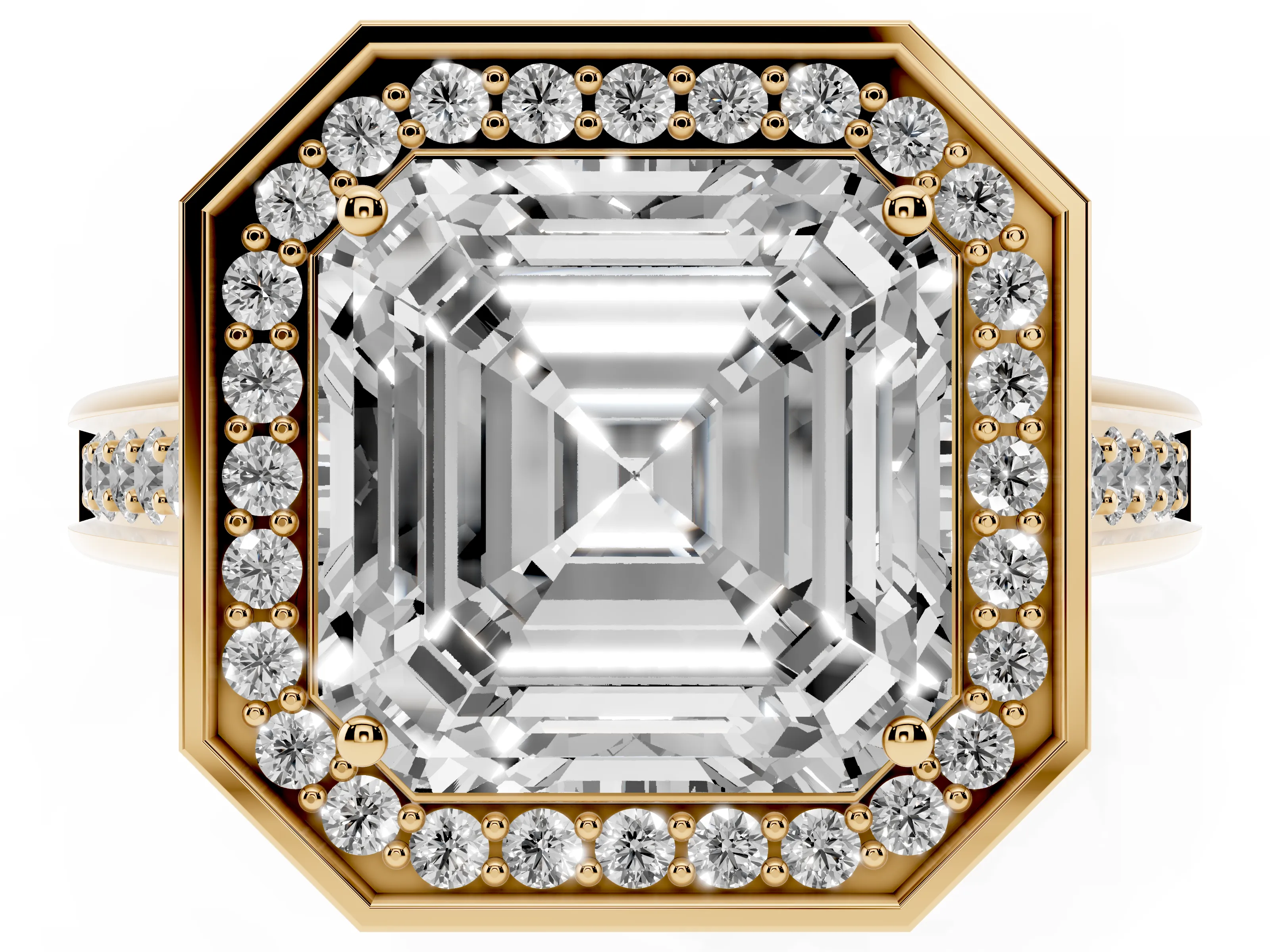 Asscher Cut Diamond Halo Solitaire Ring Set in Yellow gold with Pavé Band and Bezel Setting