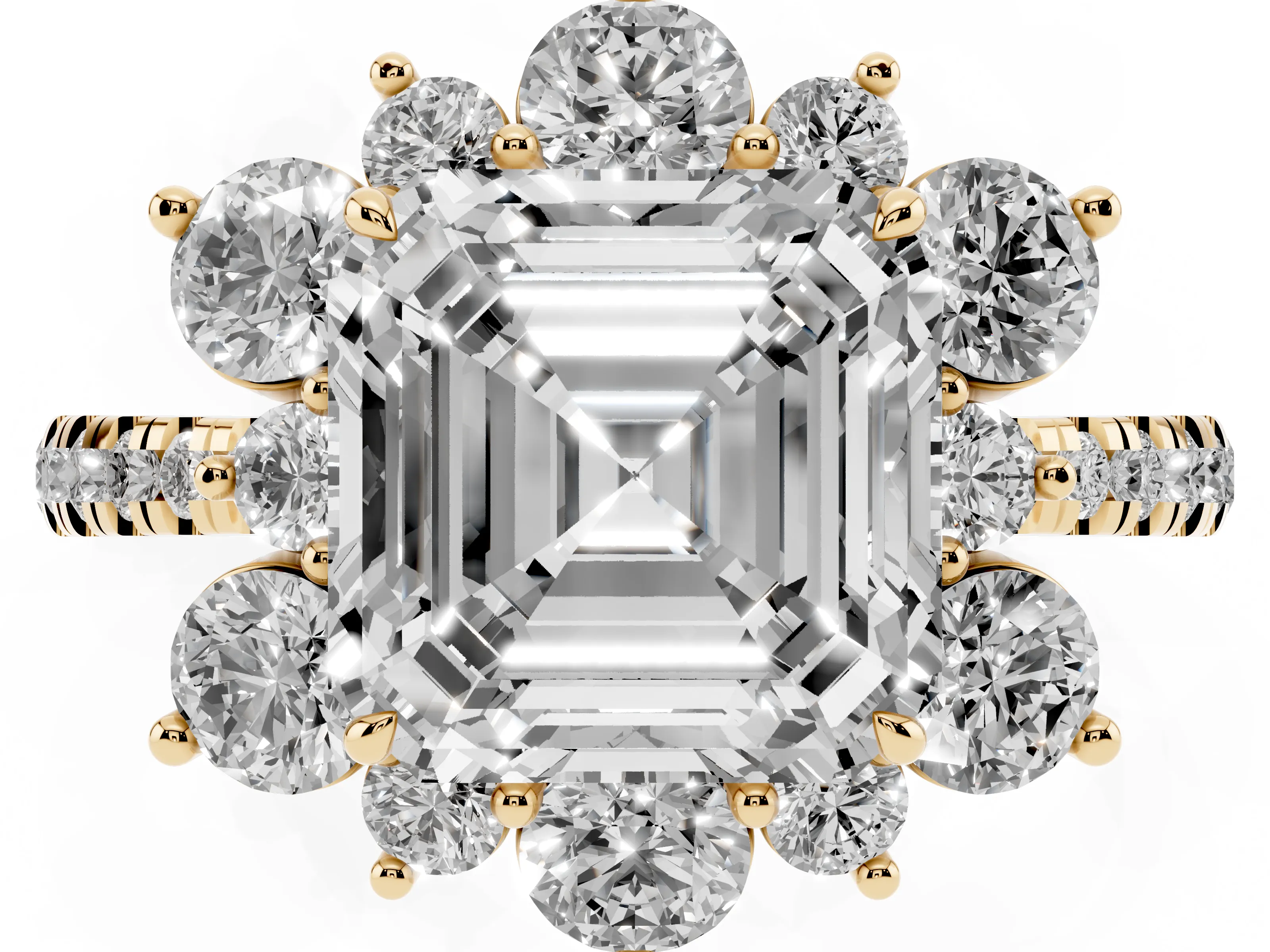 Asscher Cut Diamond Floral Halo Ring Set in Yellow gold with Round Pavé Band and Prong Setting