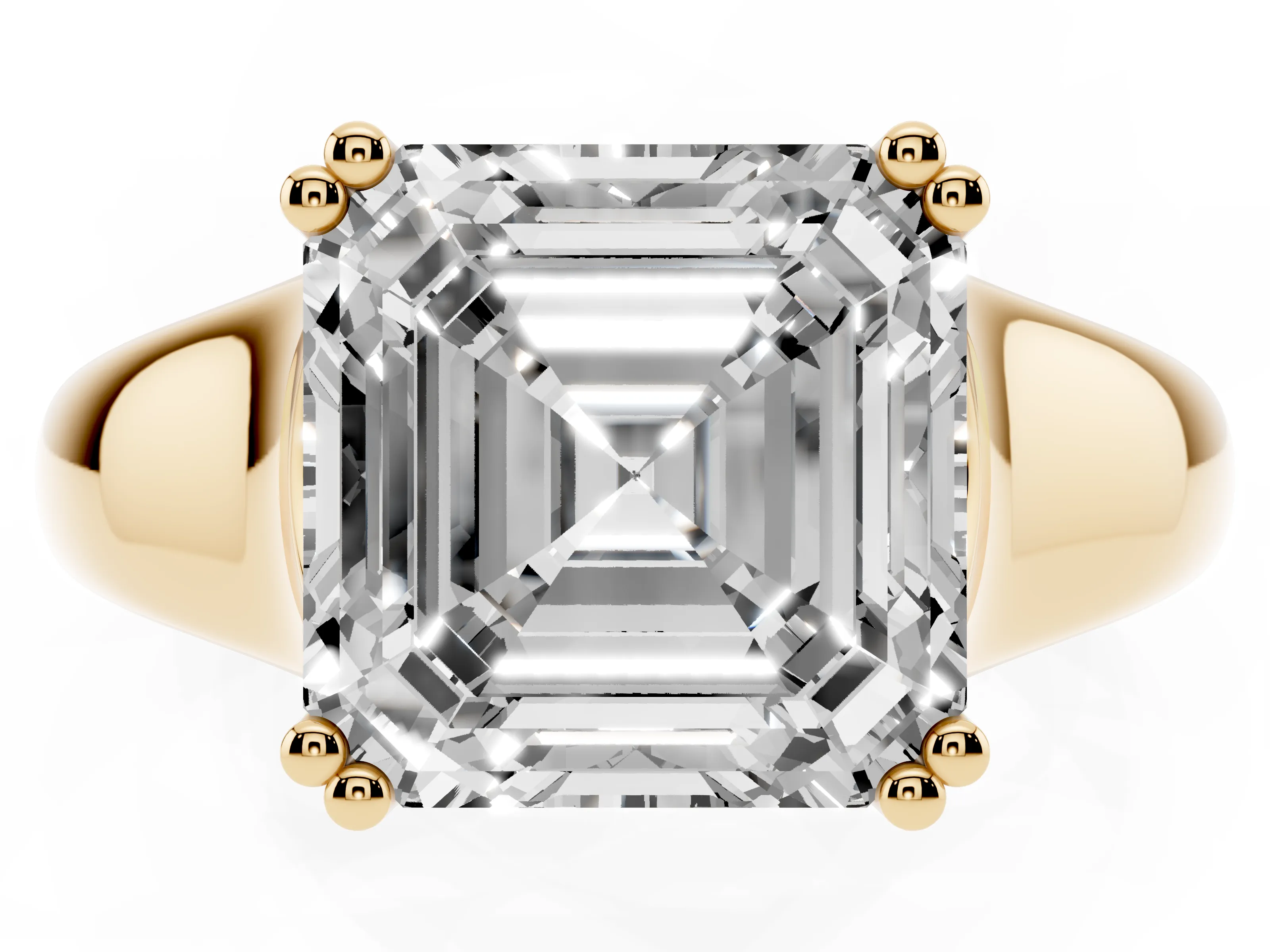 Asscher Cut Diamond Solitaire Ring Set in Yellow gold with Wide Band and Prong Setting