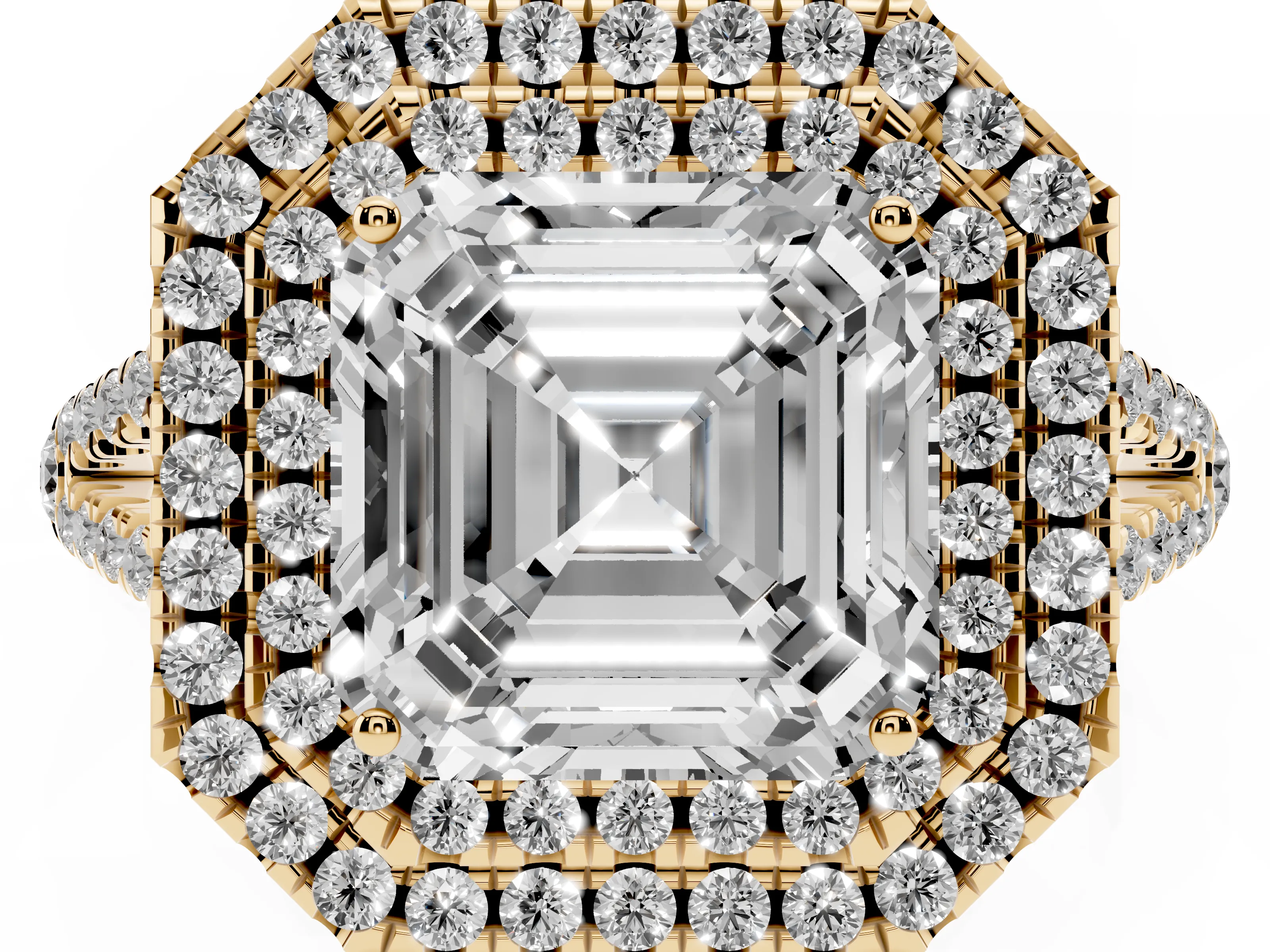 Asscher Cut Diamond Double Halo Ring Set in Yellow gold with Pavé Band