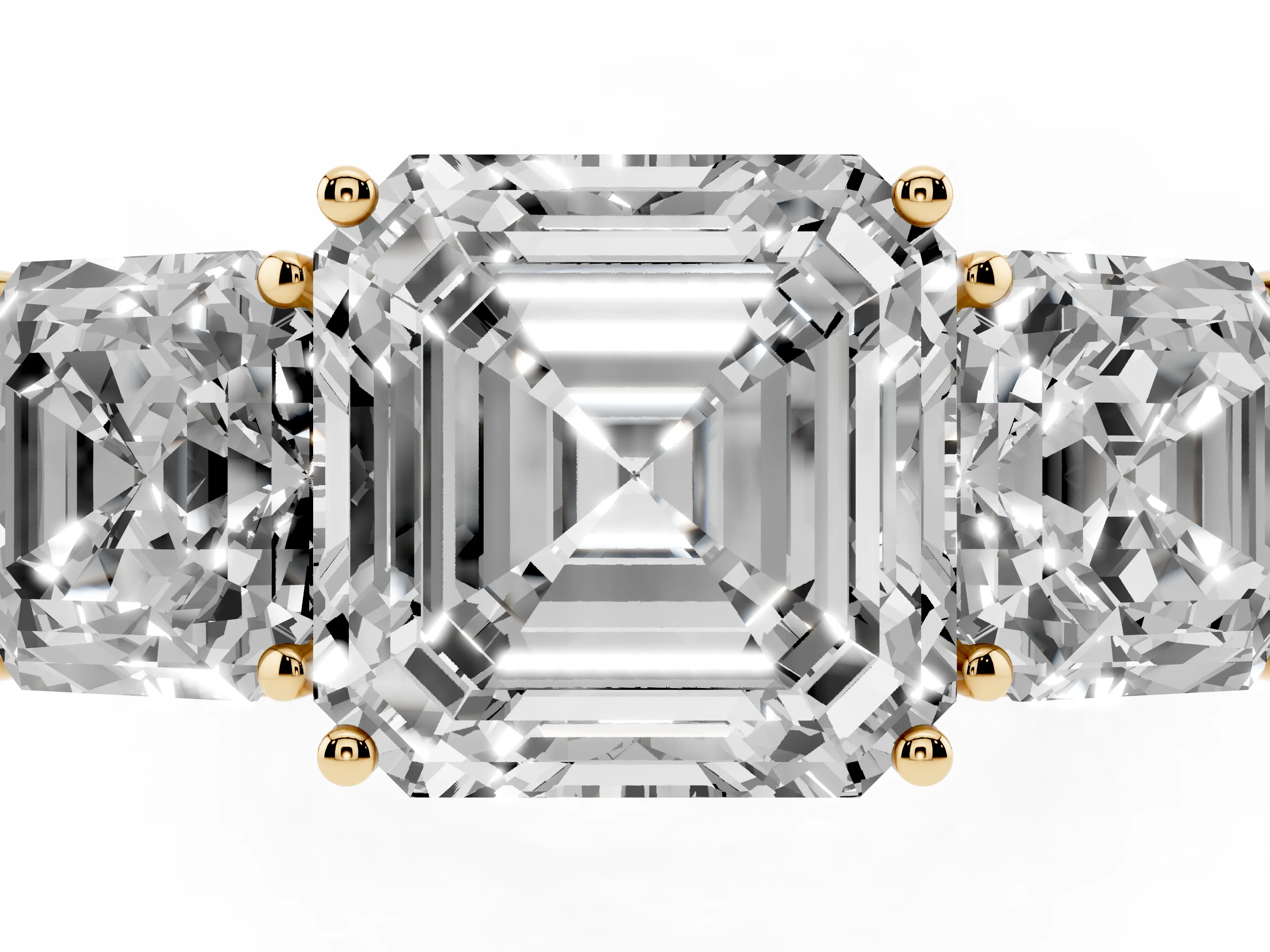 Asscher Cut Diamond Three-Stone Ring Set in Yellow gold with Textured Band