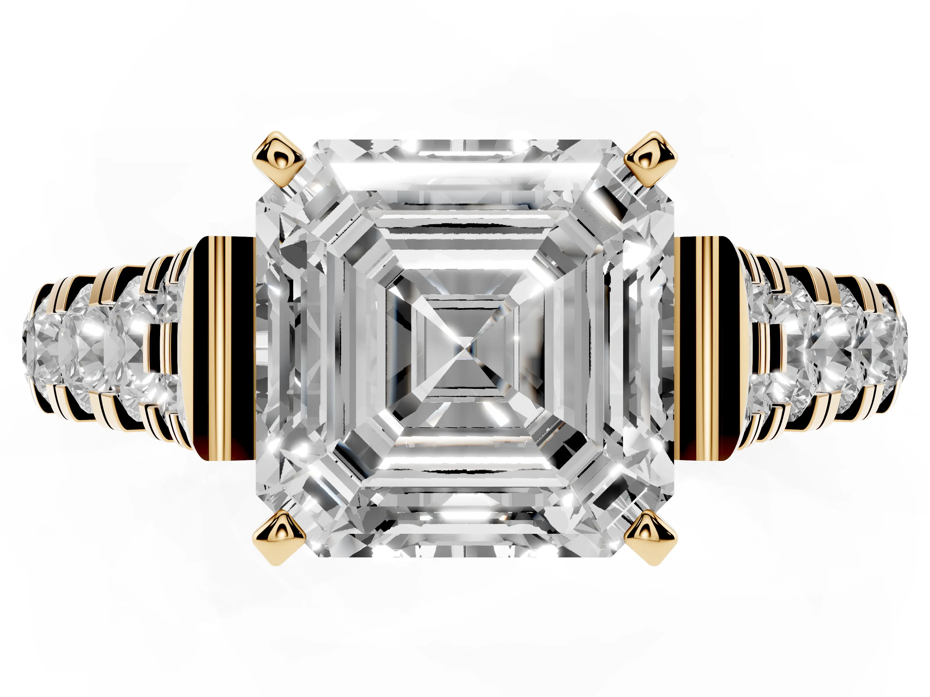 Asscher Cut Diamond Classic Solitaire Ring Set in Yellow gold with Pavé Band and Prong Setting