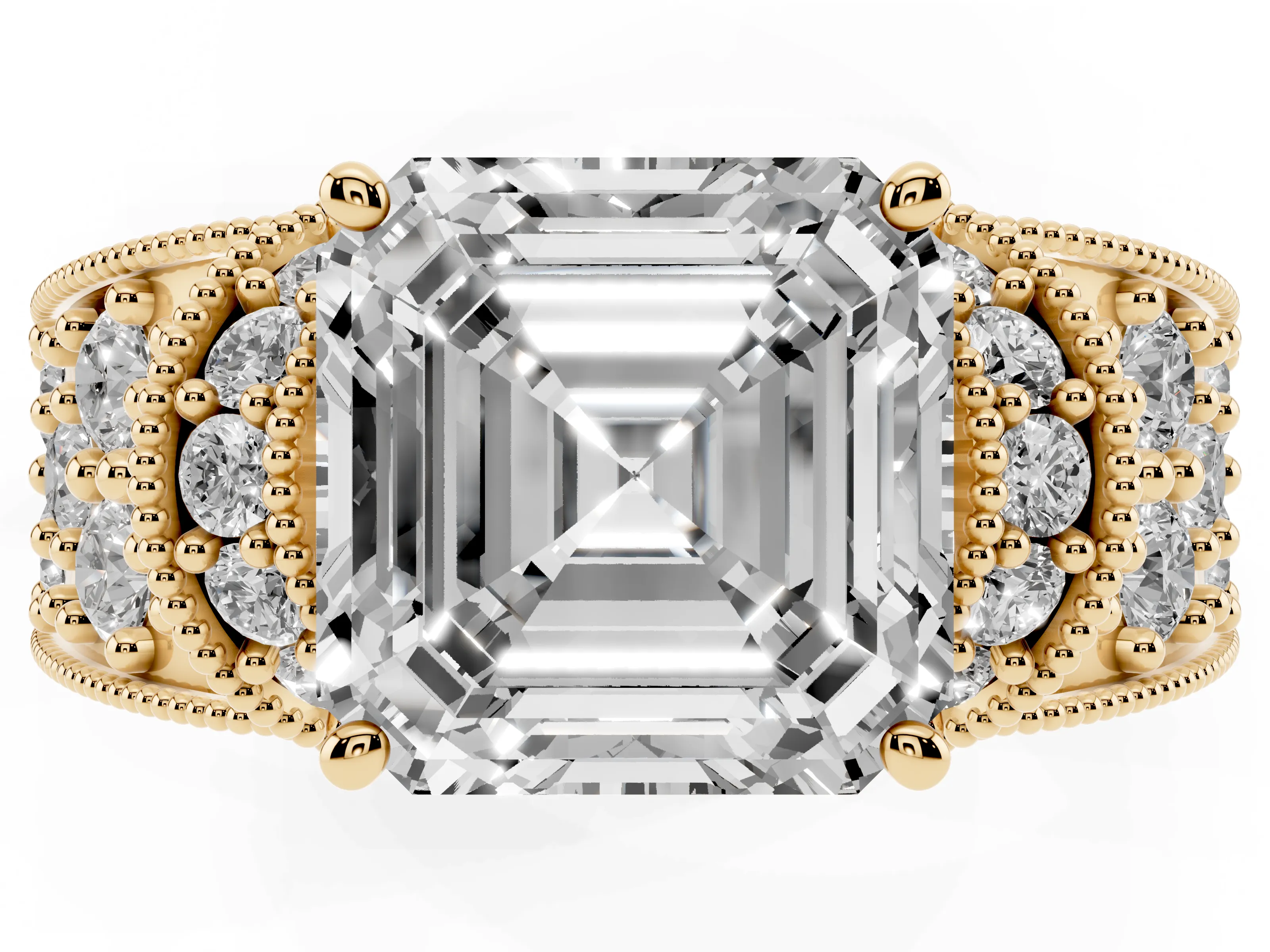 Asscher Cut Diamond Milgrain Halo Pavé Engagement Ring Set in Yellow gold with Prong Setting