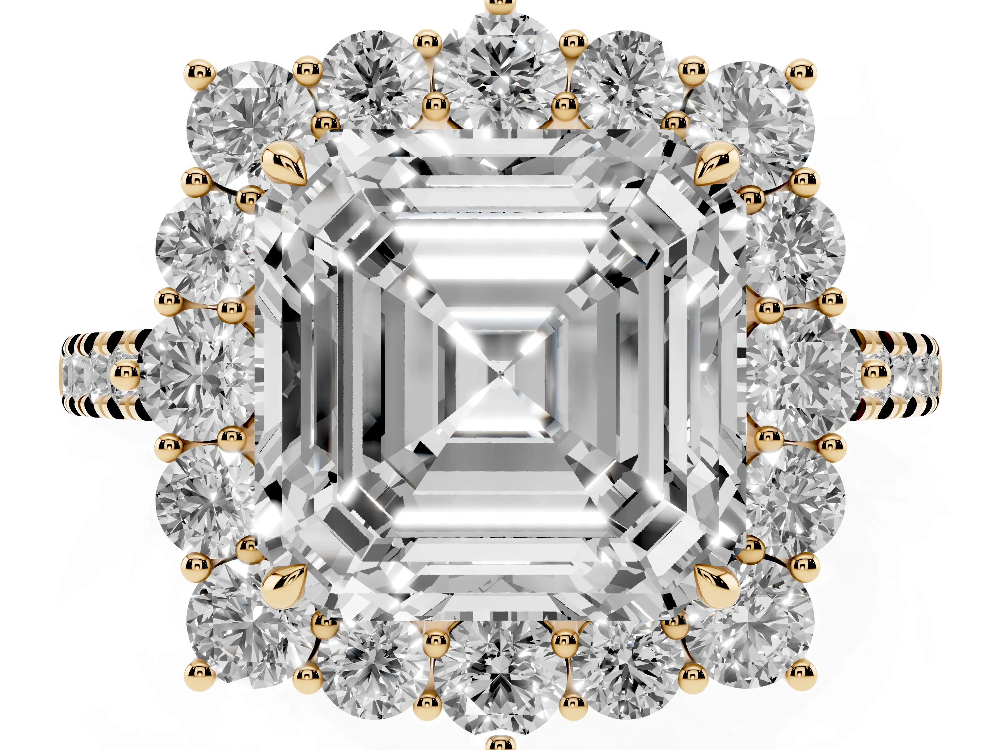 Asscher Cut Diamond Halo Ring Set in Yellow gold with Pavé Band and Prong Setting