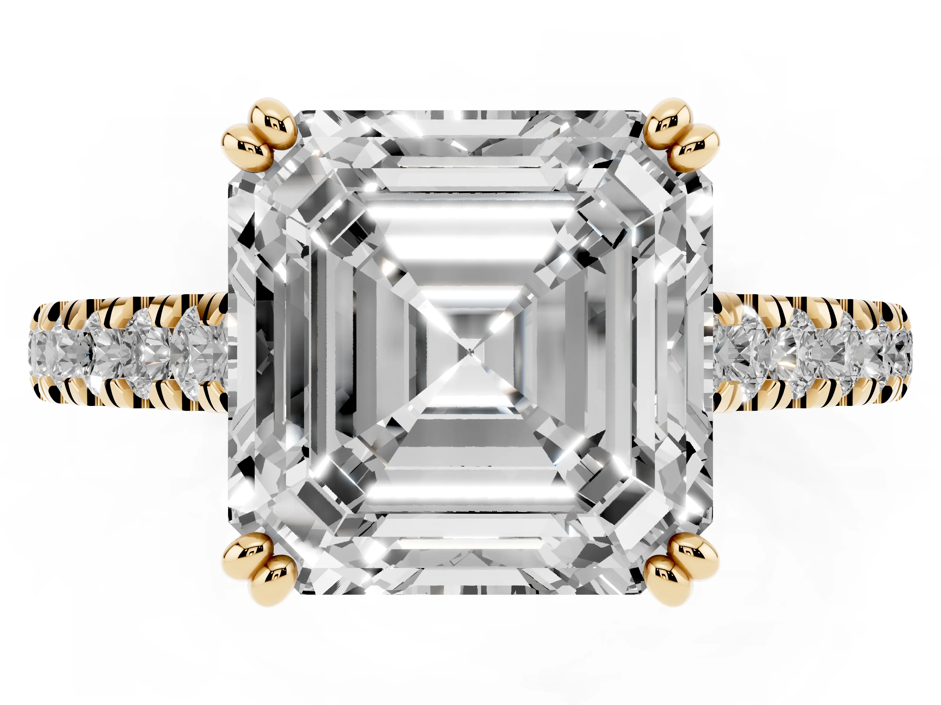 Asscher Cut Diamond Solitaire Engagement Ring Set in Yellow gold with Pavé Accents and Prong Setting