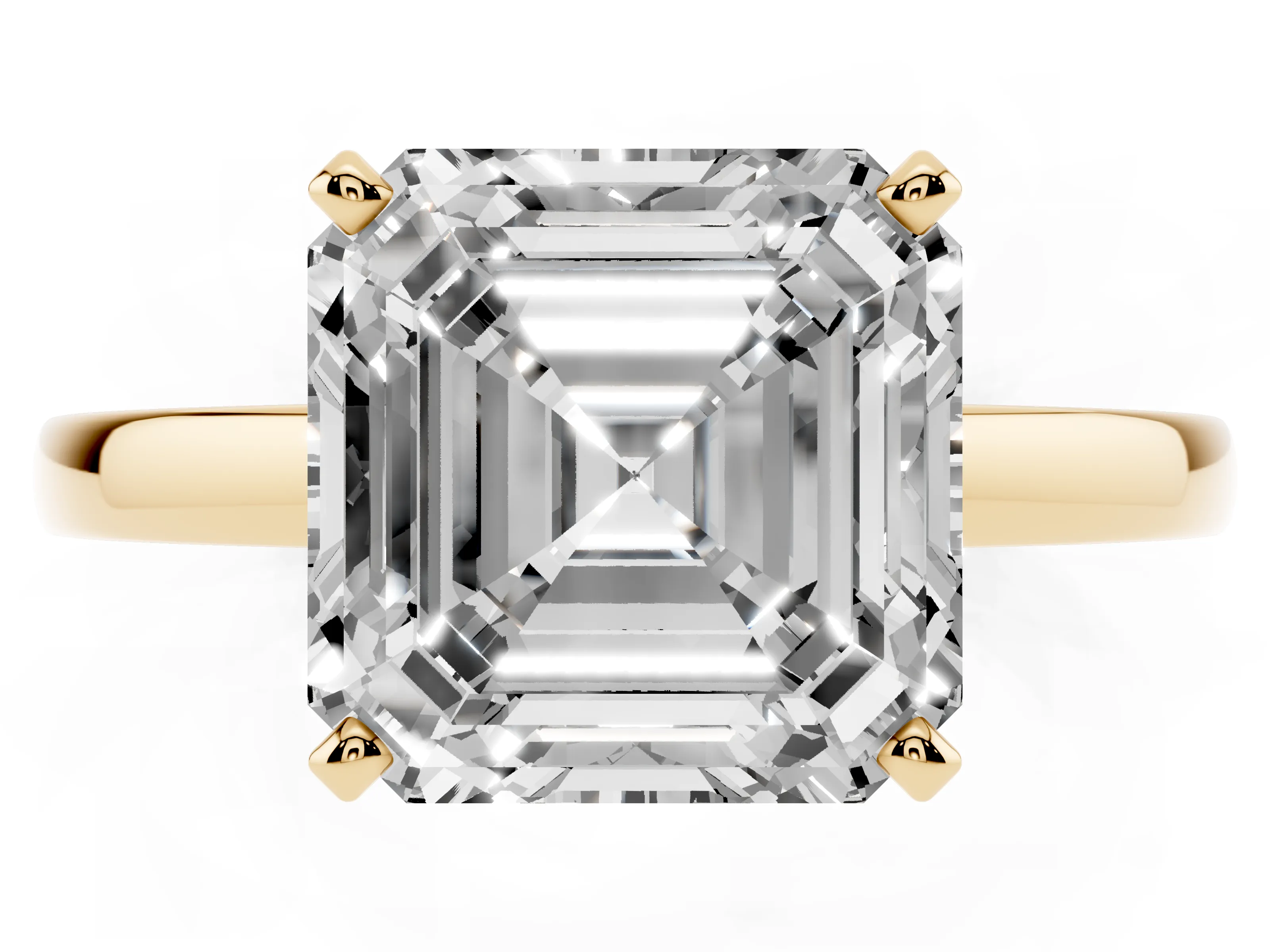 Asscher Cut Diamond Solitaire Engagement Ring Set in Yellow gold with Prong Setting on a Classic Band