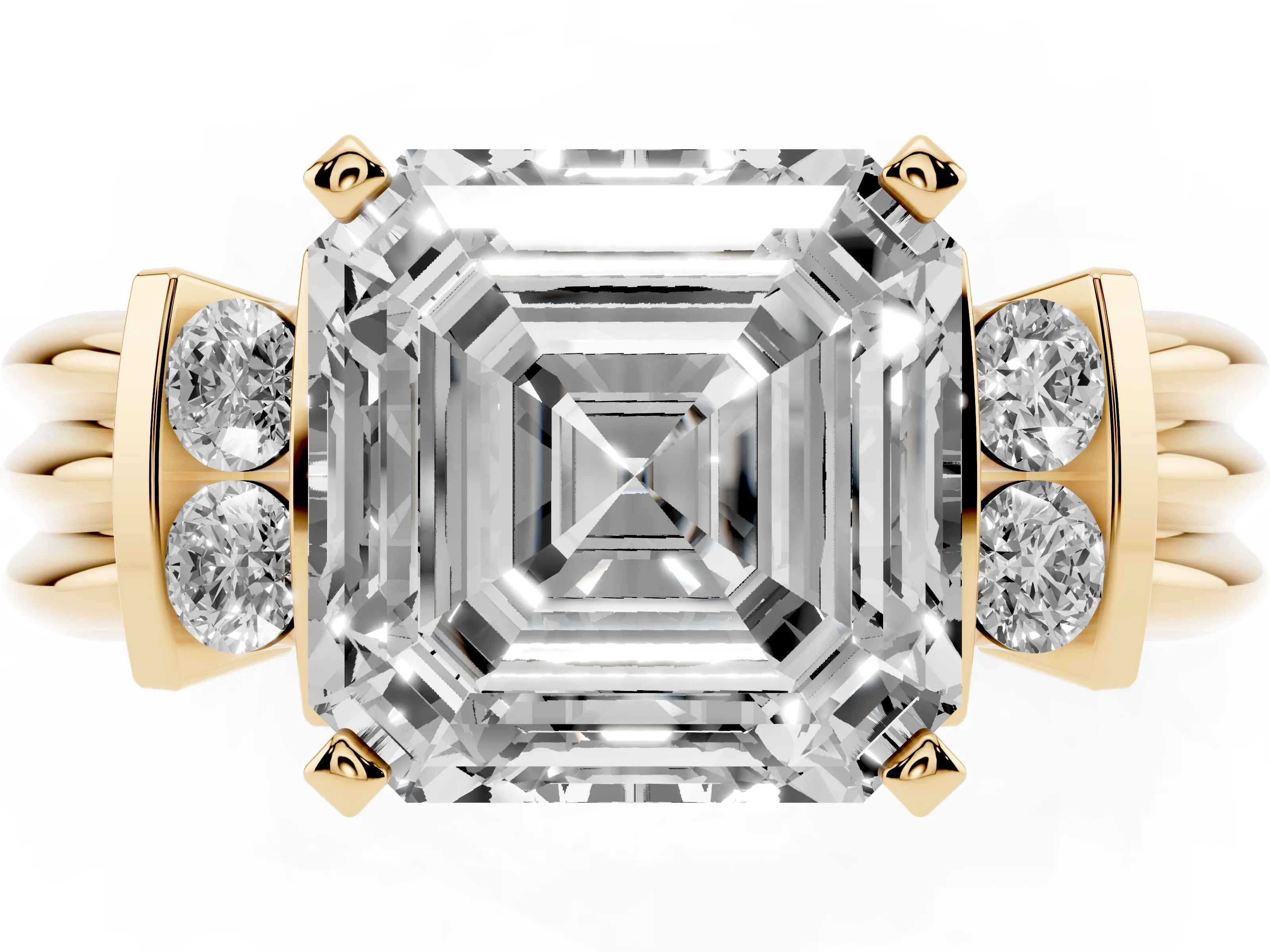 Three-Stone Asscher Cut Diamond Channel Set Ring Set in Yellow gold with Bar Prongs