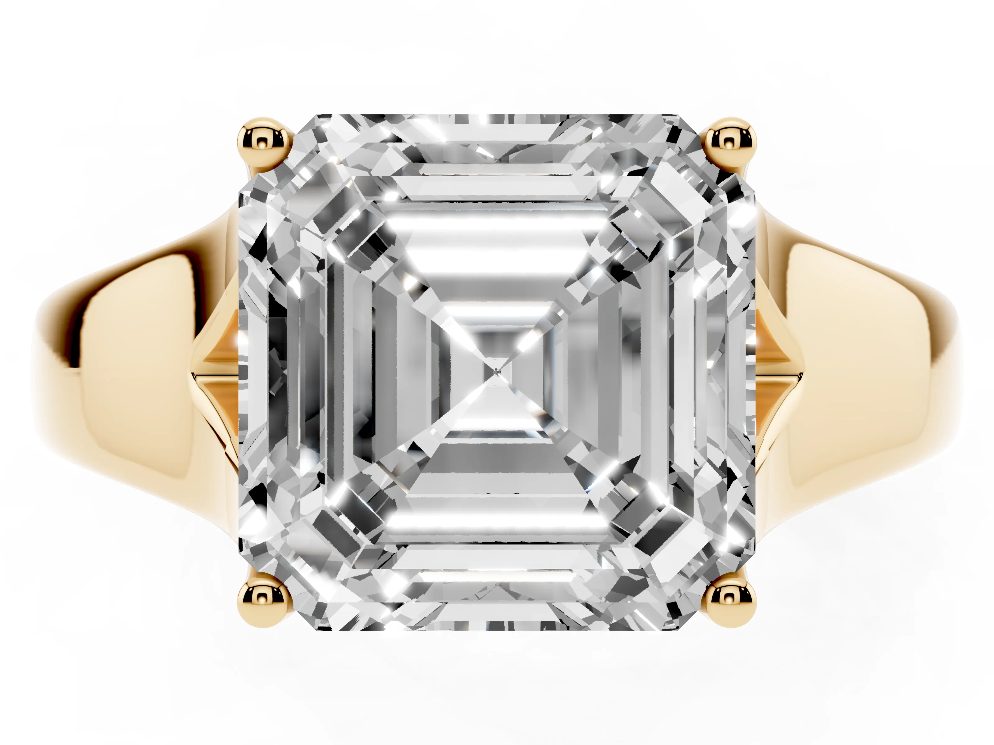 Asscher Cut Diamond Solitaire Ring Set in Yellow gold with Arched Cathedral Band and Prong Setting