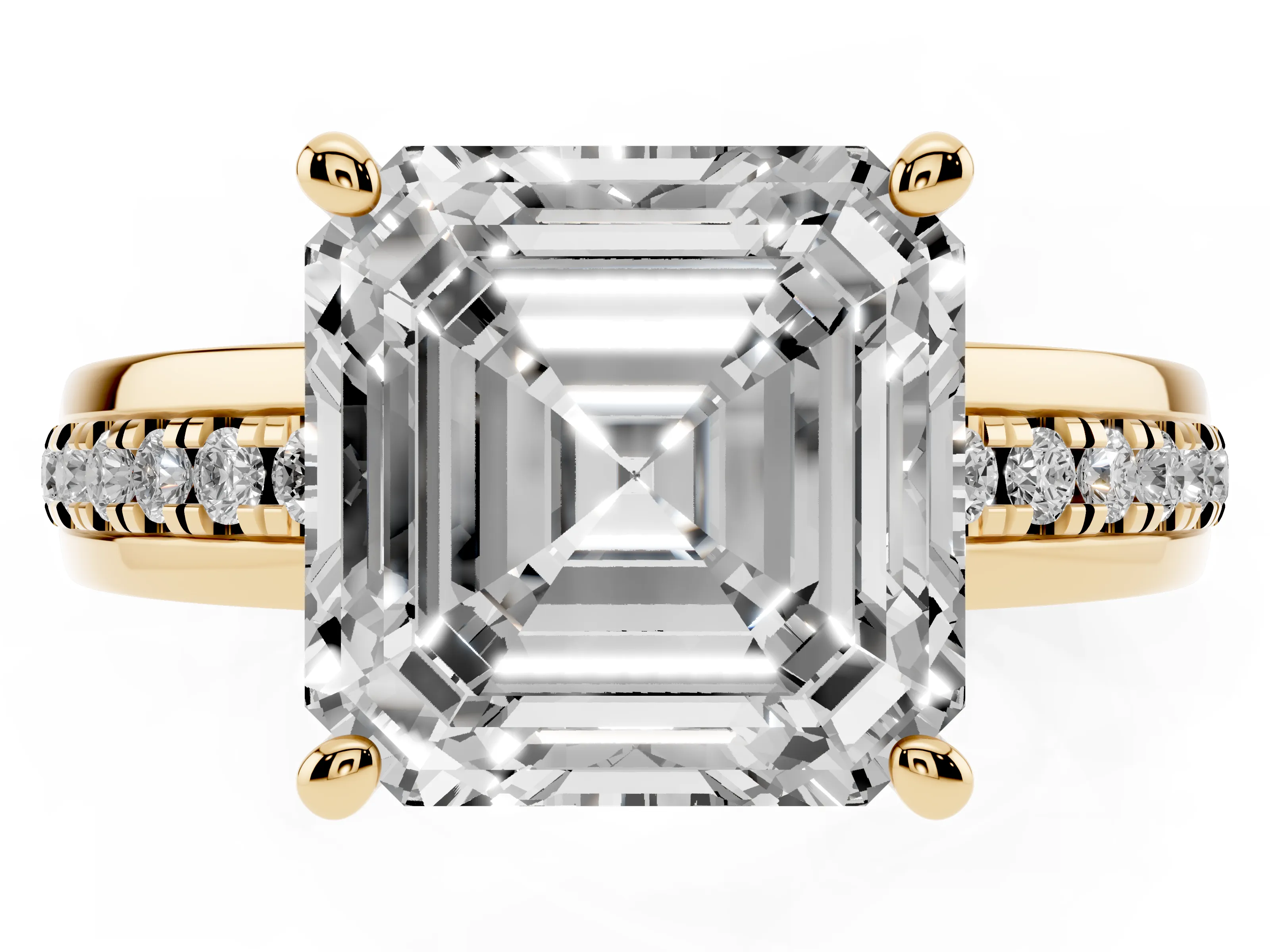 Asscher Cut Diamond Solitaire Ring Set in Yellow gold with Channel Set Band and Prong Setting