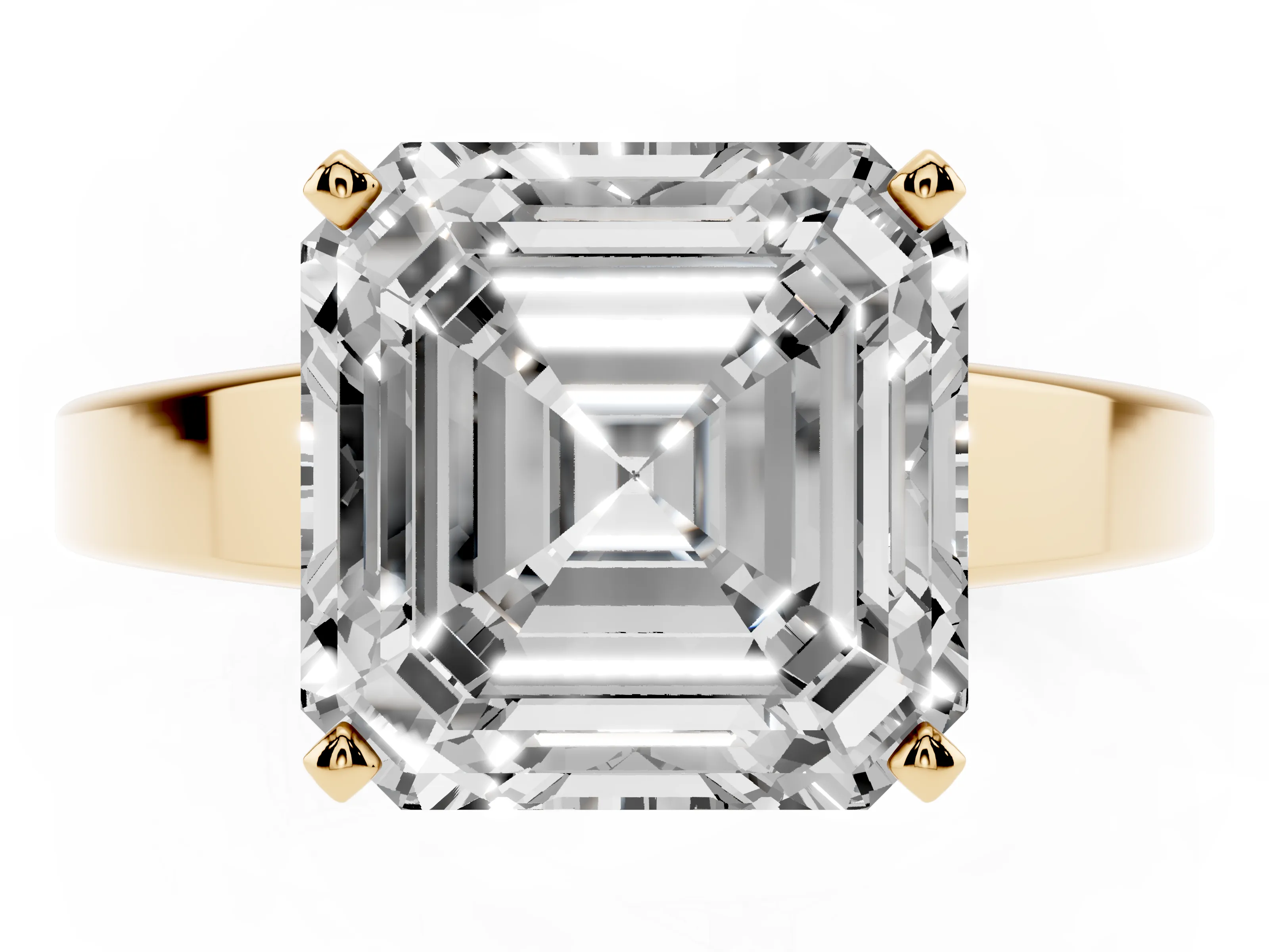 Asscher Cut Diamond Solitaire Engagement Ring Set in Yellow gold with Prong Setting and Tapered Band