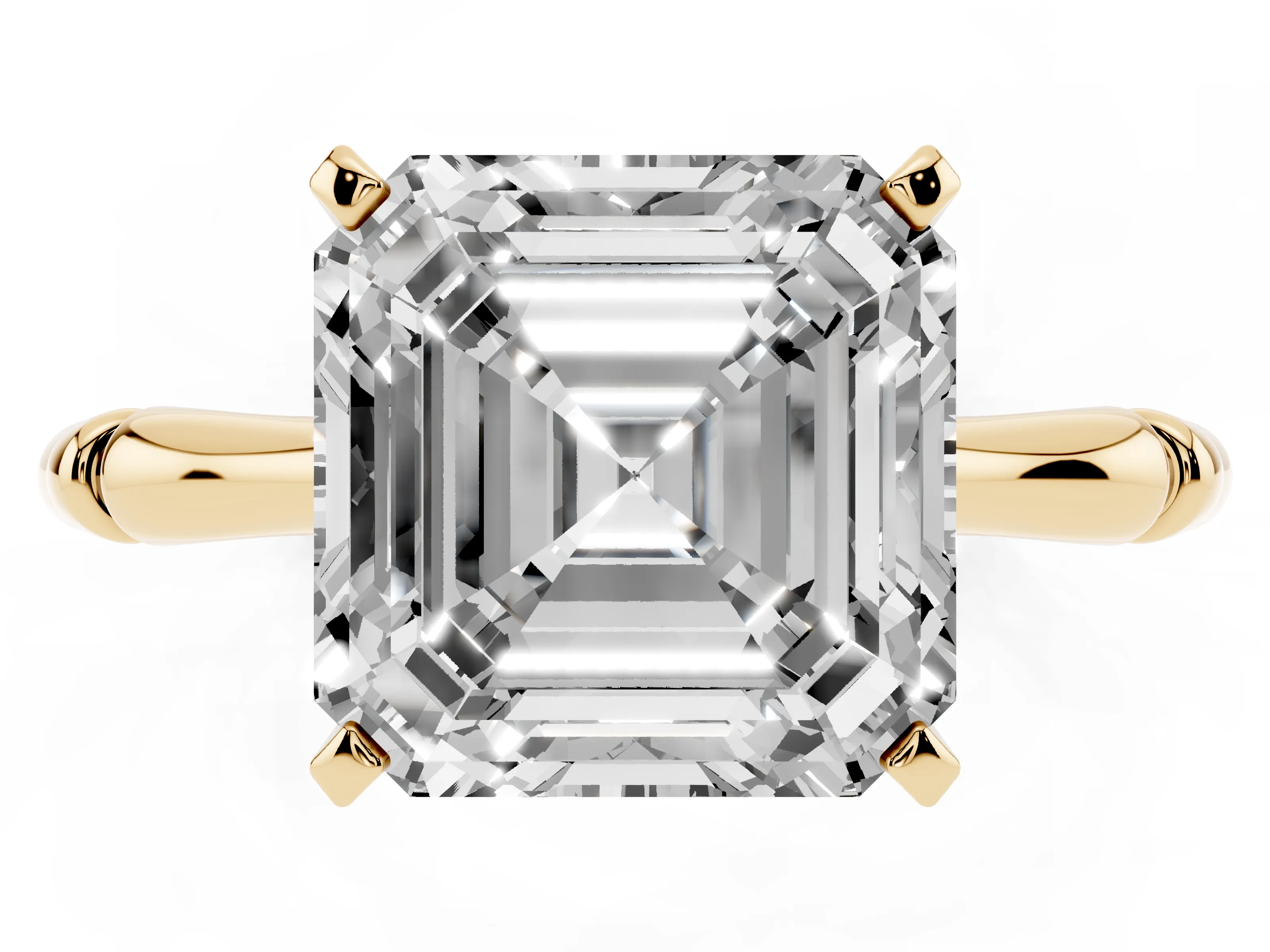 Asscher Cut Diamond Solitaire Ring Set in Yellow gold with Bamboo Band and Prong Setting