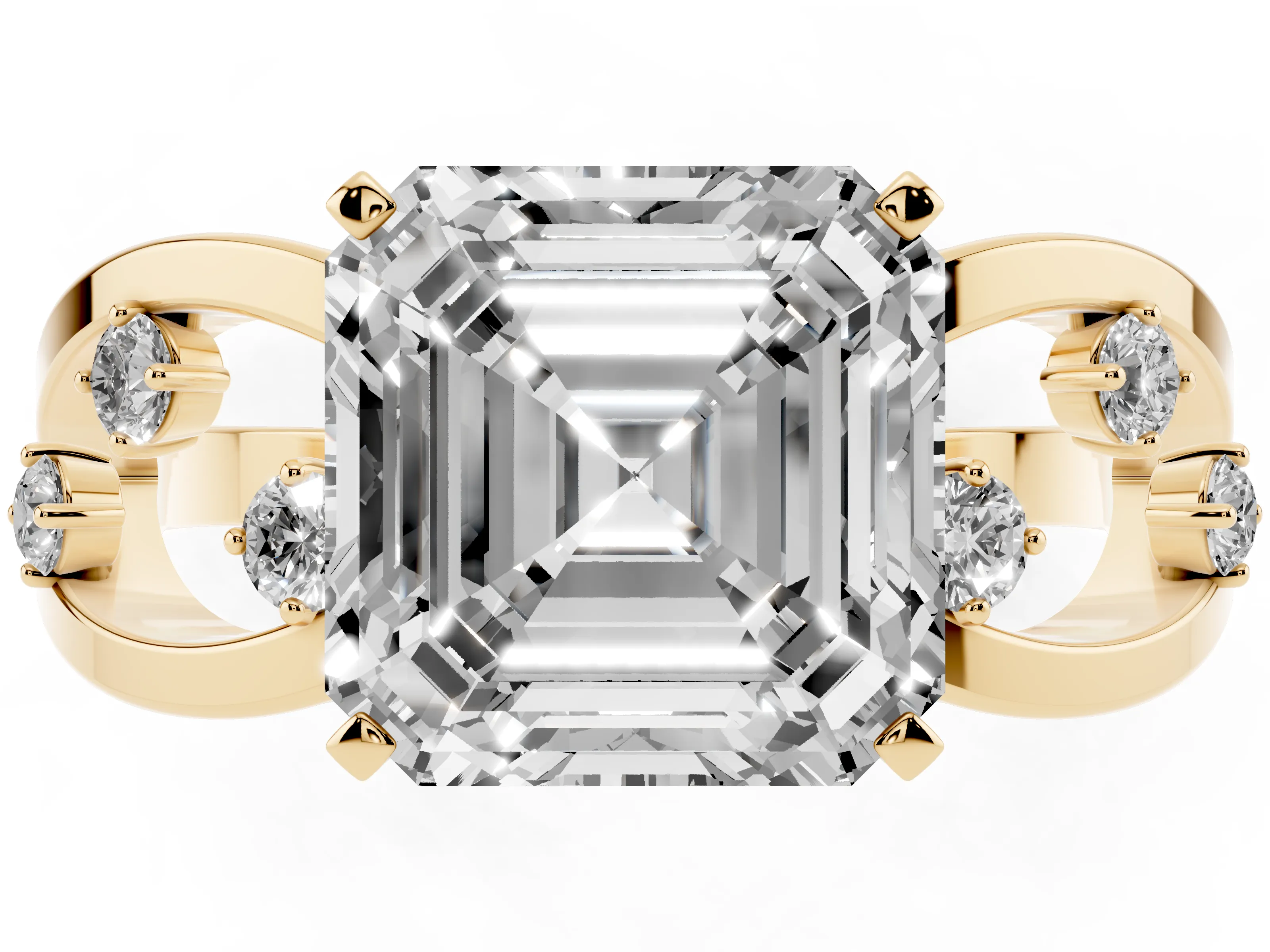 Asscher Cut Diamond Solitaire Ring Set in Yellow gold with Side Stones on Criss-Cross Band and Prong Setting