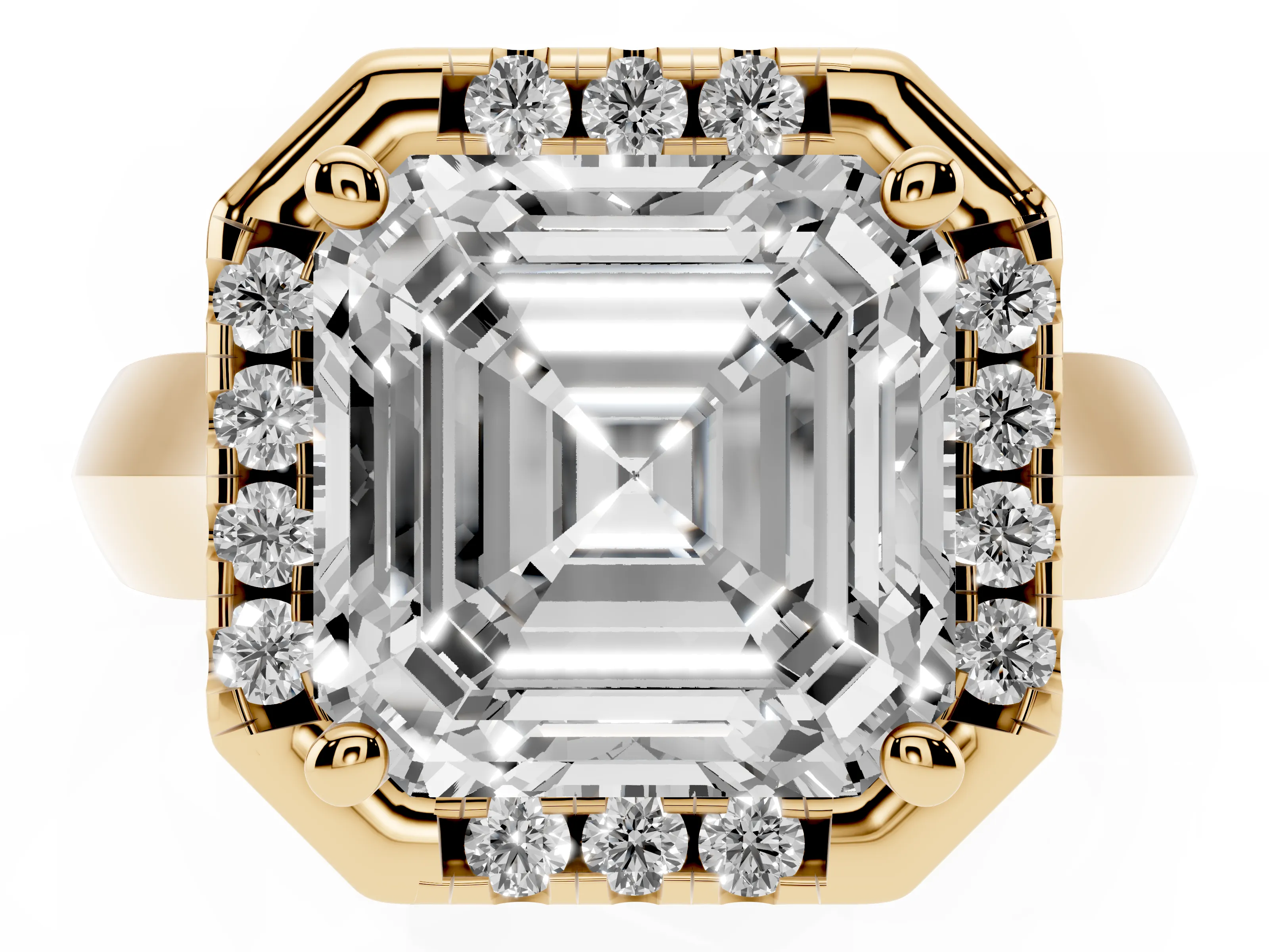 Asscher Cut Diamond Halo Solitaire Engagement Ring Set in Yellow gold with Square Band and Prong Setting