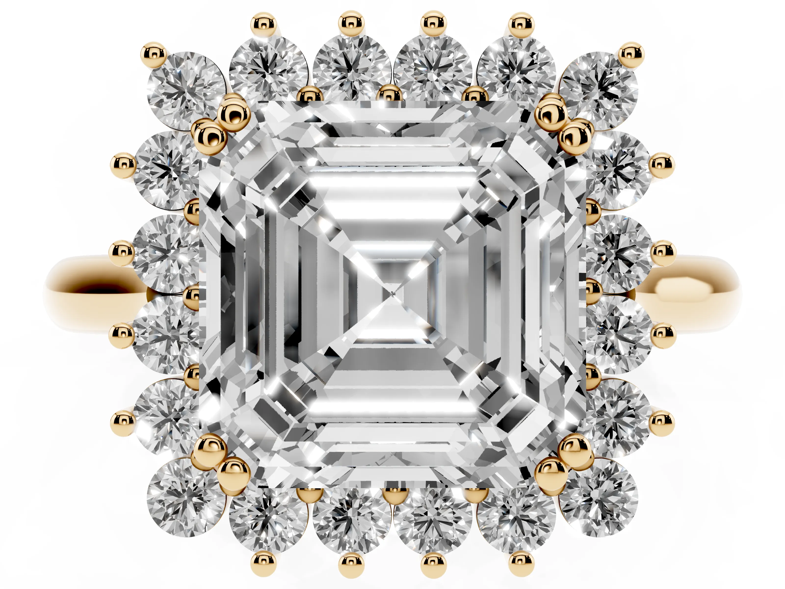 Asscher Cut Diamond Halo Ring Set in Yellow gold with Plain Solitaire Band and Prong Setting