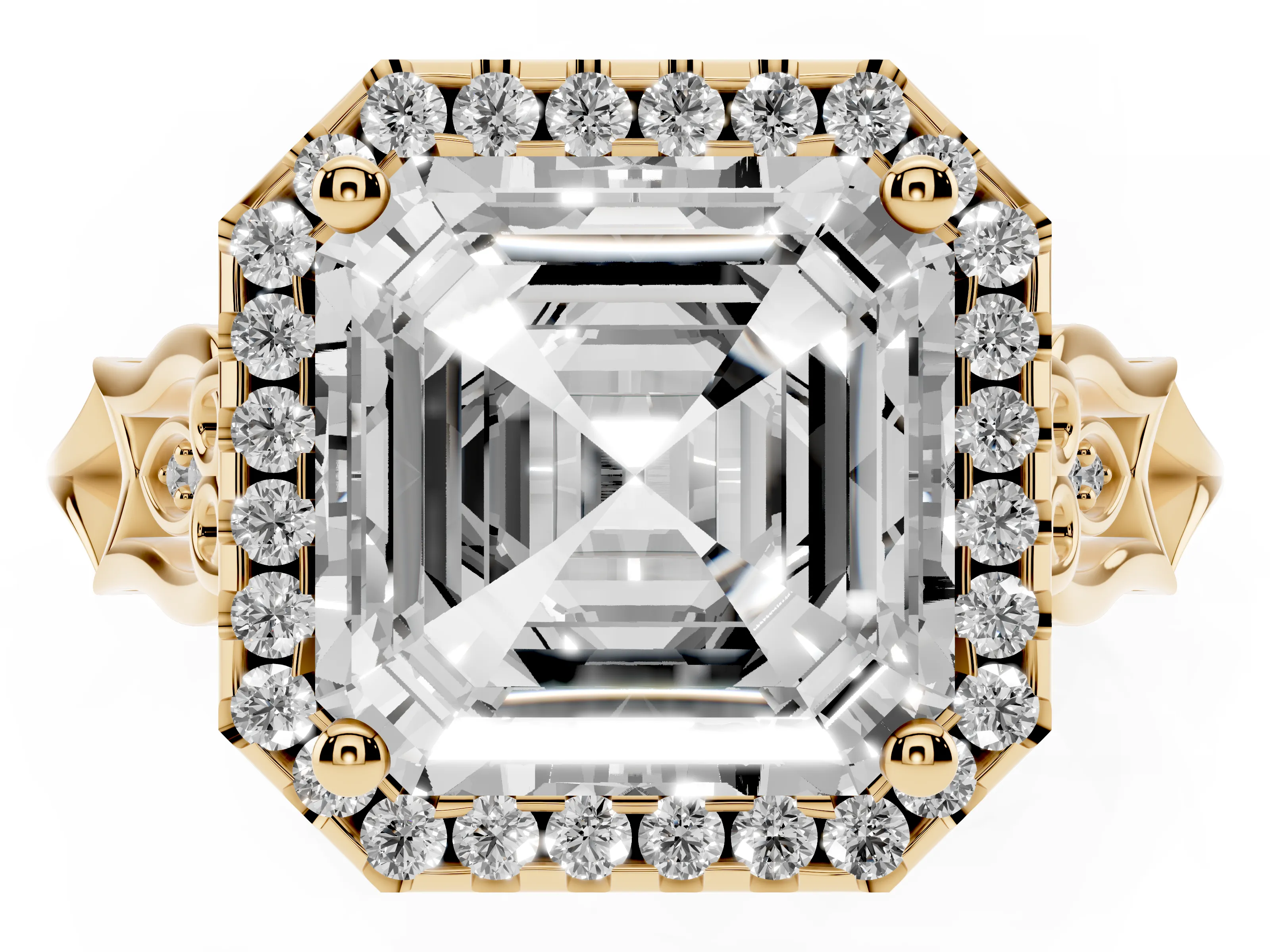 Asscher Cut Diamond Halo Engagement Ring Set in Yellow gold with Filigree Band and Prong-Set Center