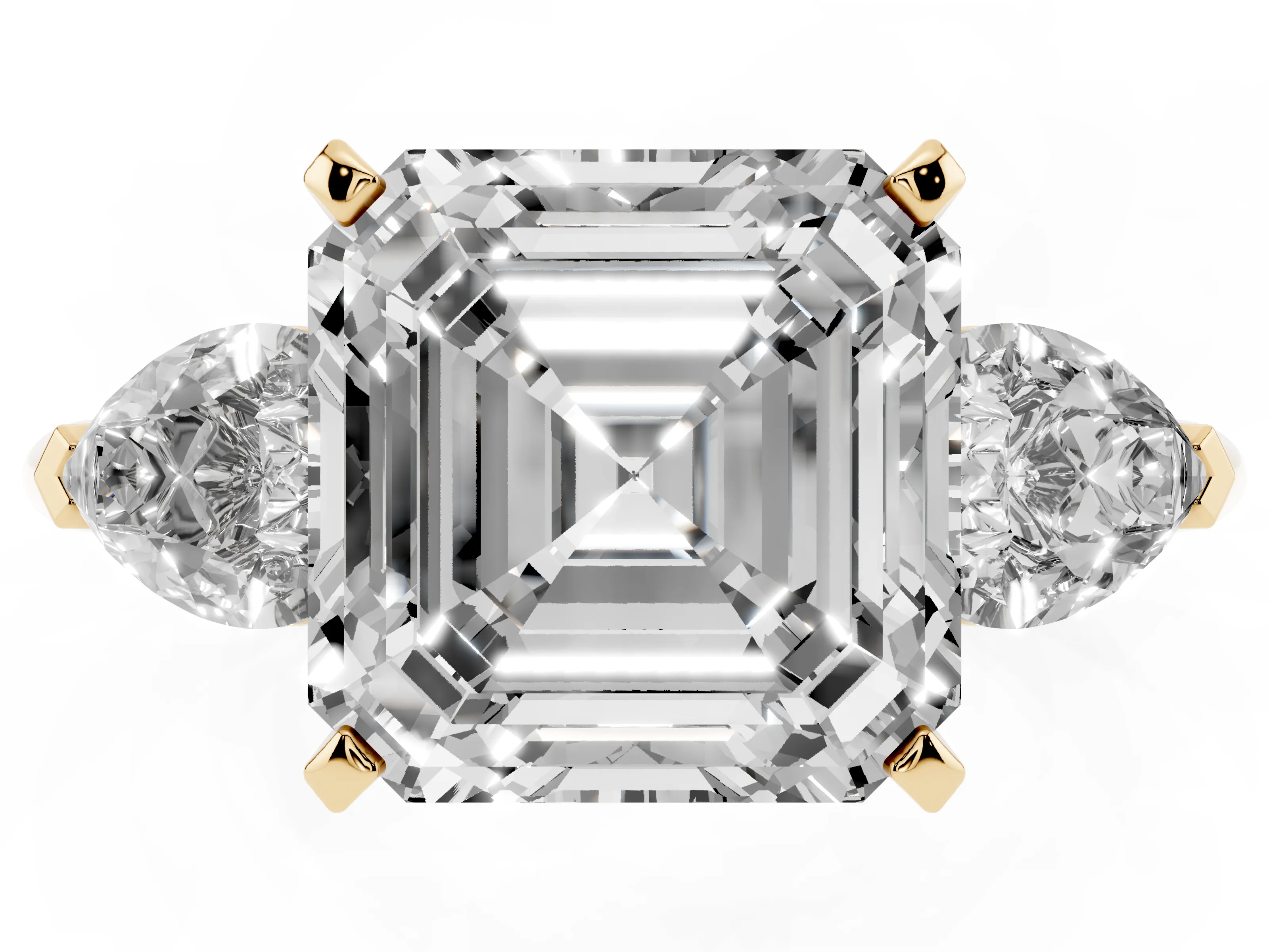 Three-Stone Asscher Cut Diamond Ring Set in Yellow gold with Pear Side Stones and Prong Setting