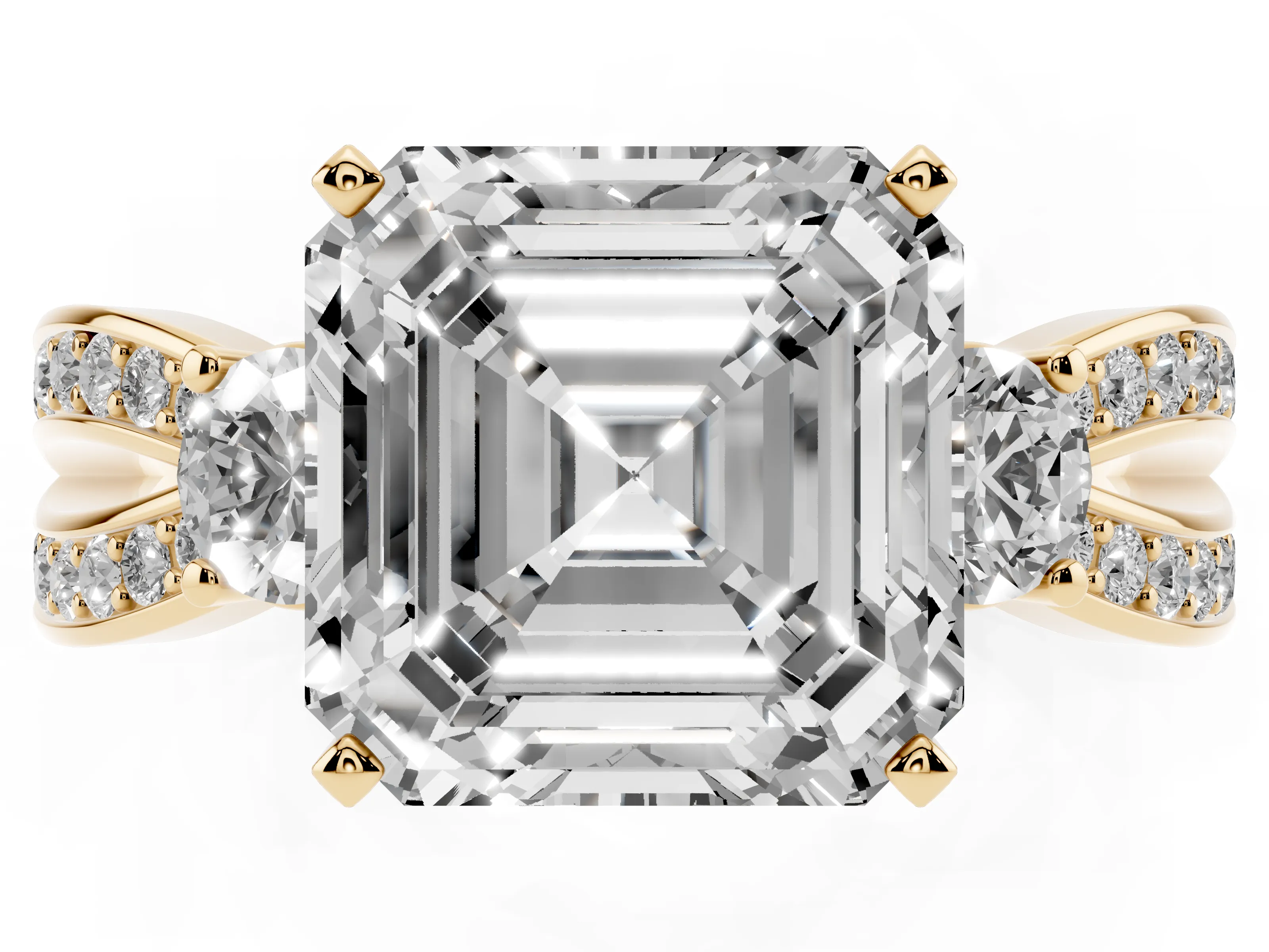 Three-Stone Asscher Cut Diamond Twist Band Ring Set in Yellow gold with Pavé Accents and Prong Setting